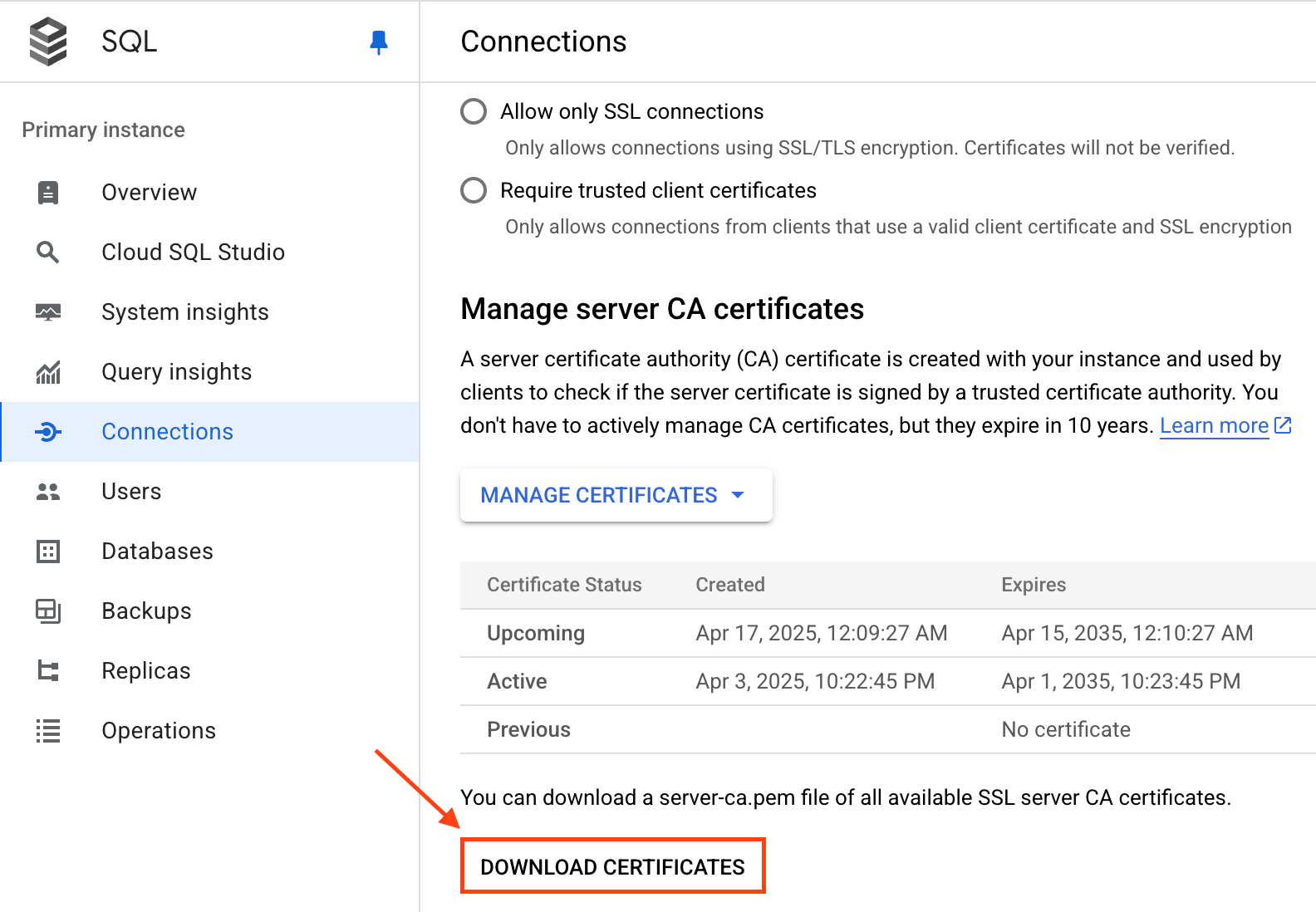 تنزيل شهادة GCP MySQL