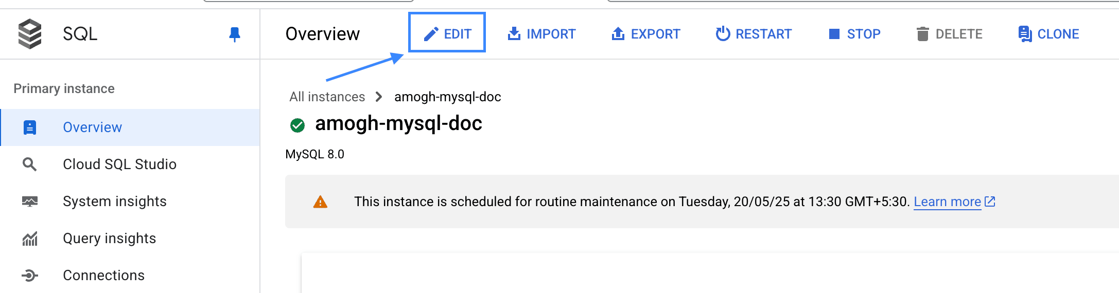 زر Edit في GCP MySQL