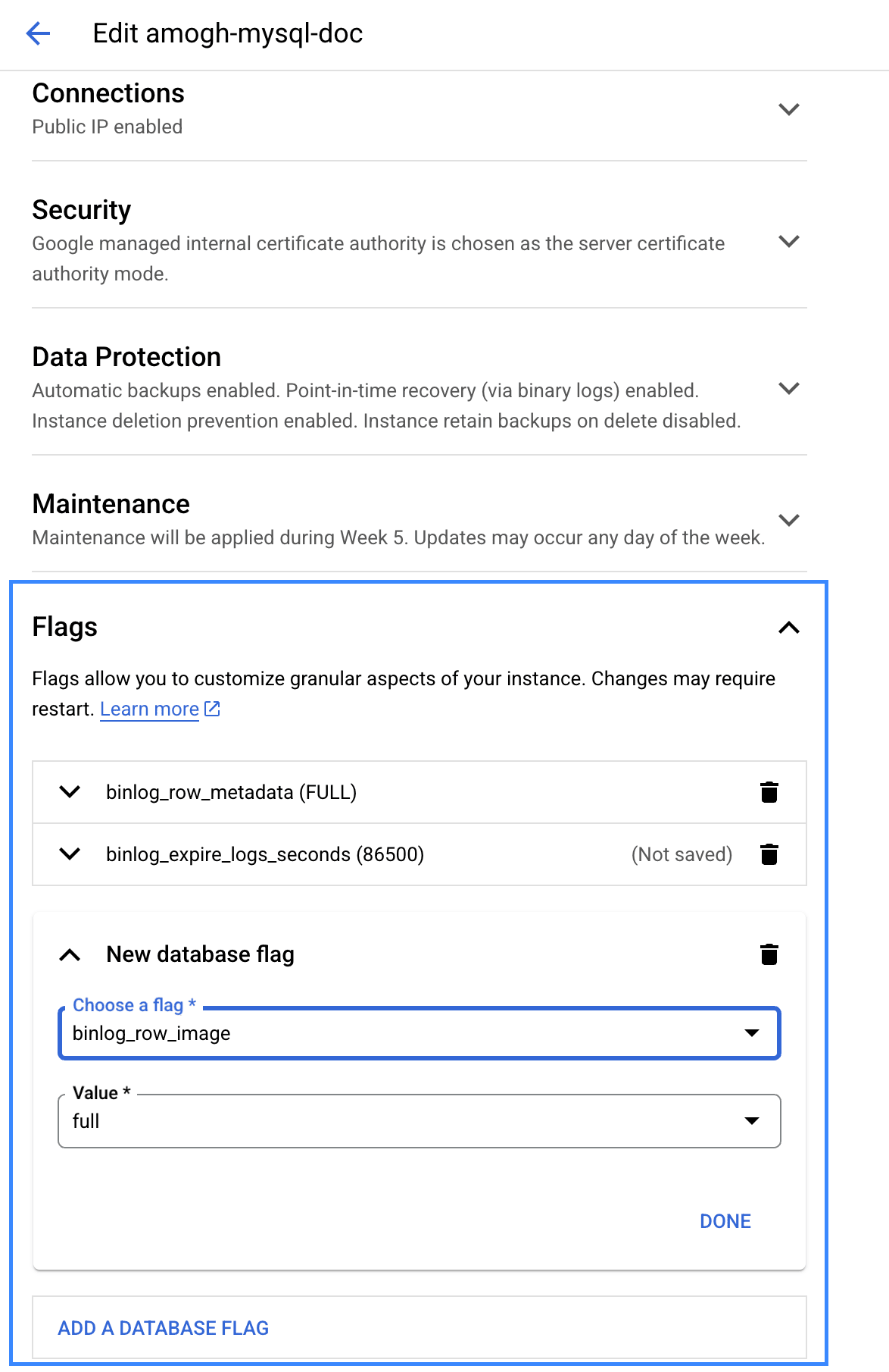 ضبط علامات binlog في GCP