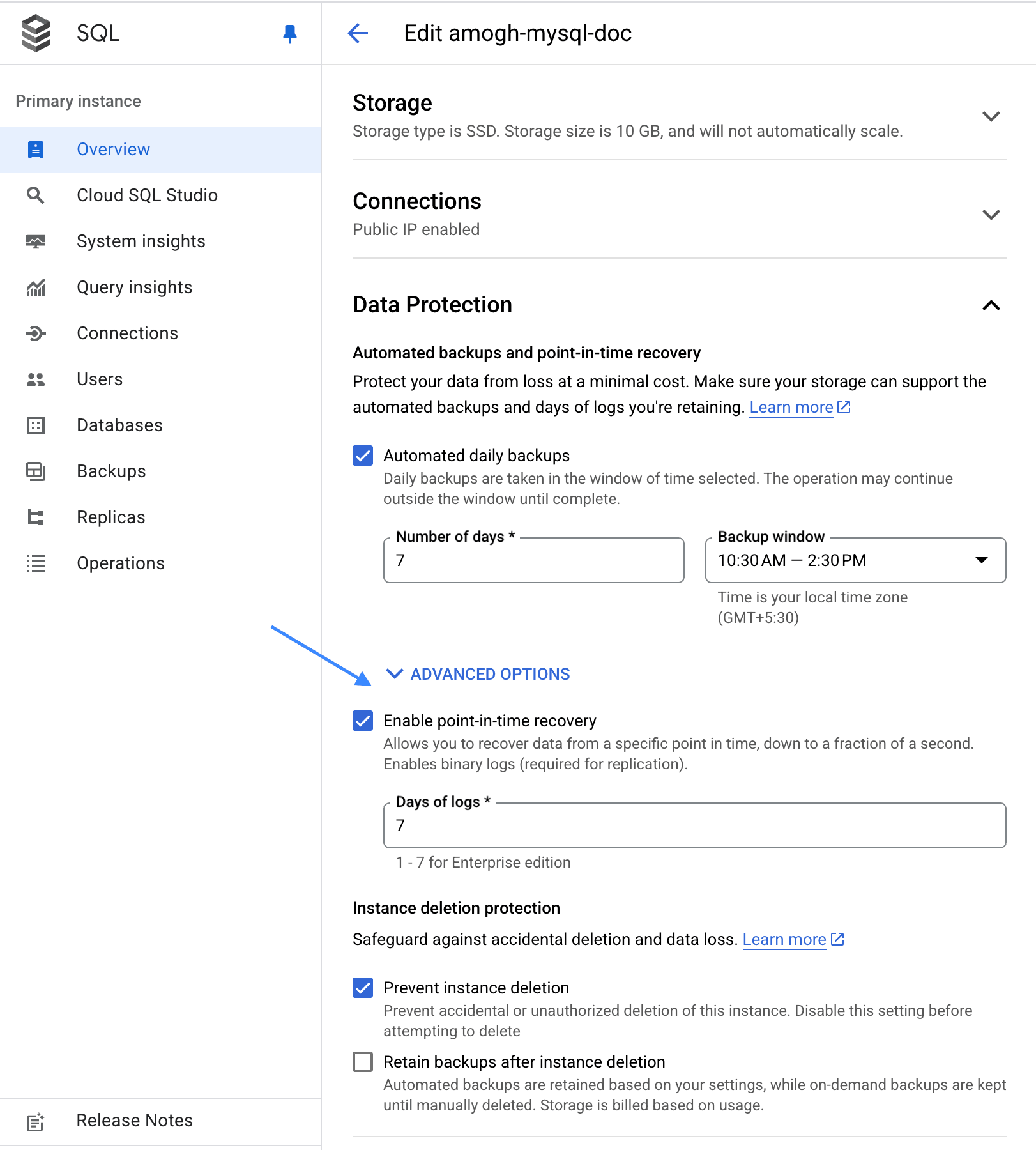 تمكين PITR في Cloud SQL