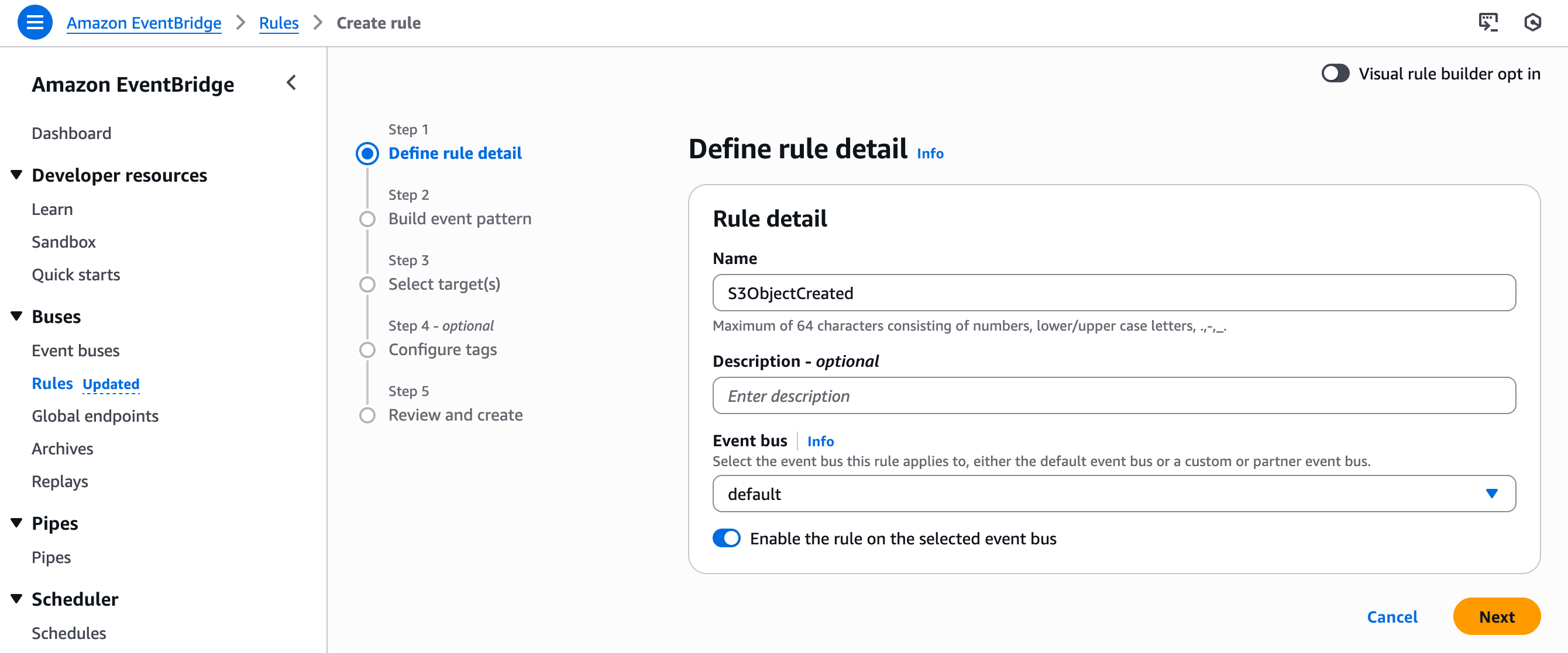 Defining the EventBridge rule name and event bus