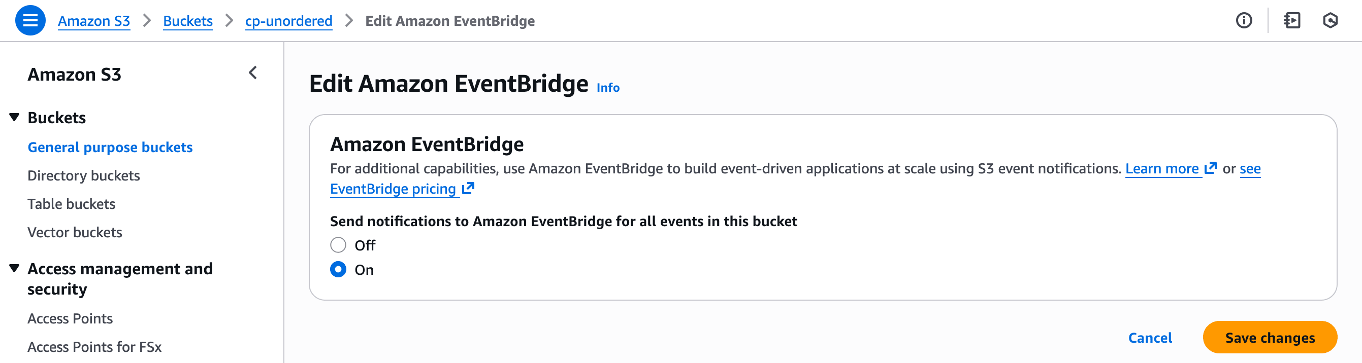 Enabling Amazon EventBridge notifications in S3 bucket properties