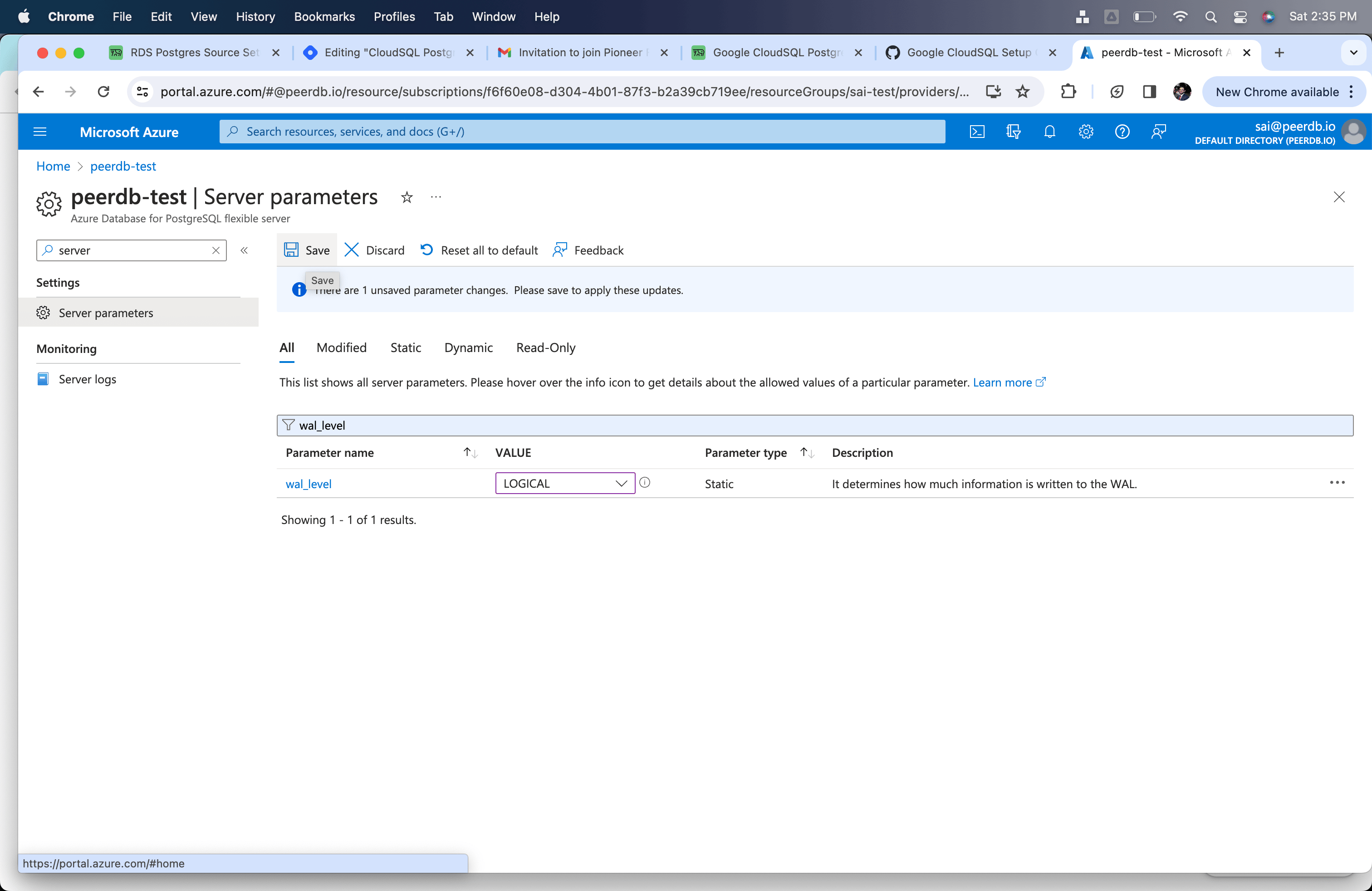 Cambiar wal_level a logical en Azure Flexible Server for Postgres