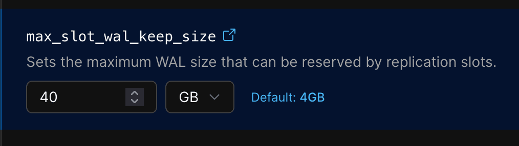 Ajuste de max_slot_wal_keep_size en la consola de PlanetScale