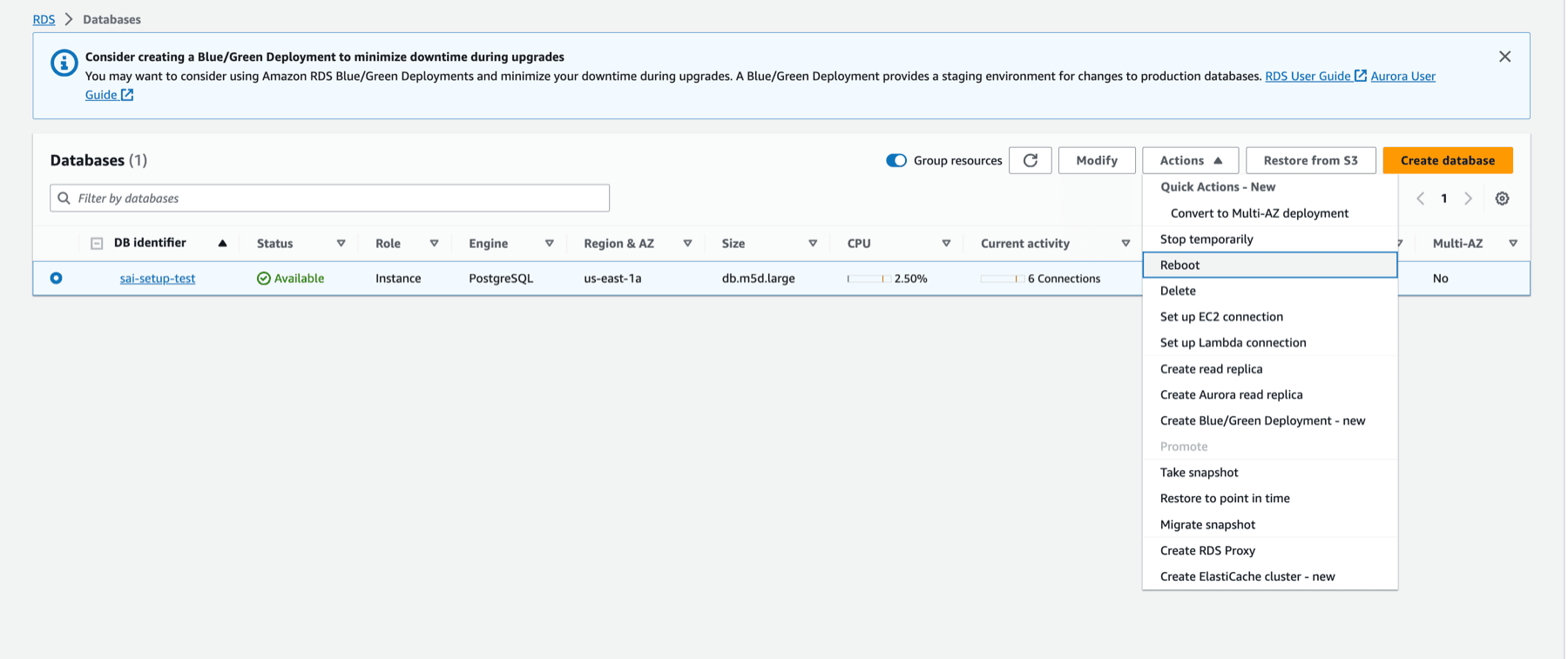 Reiniciar Aurora PostgreSQL