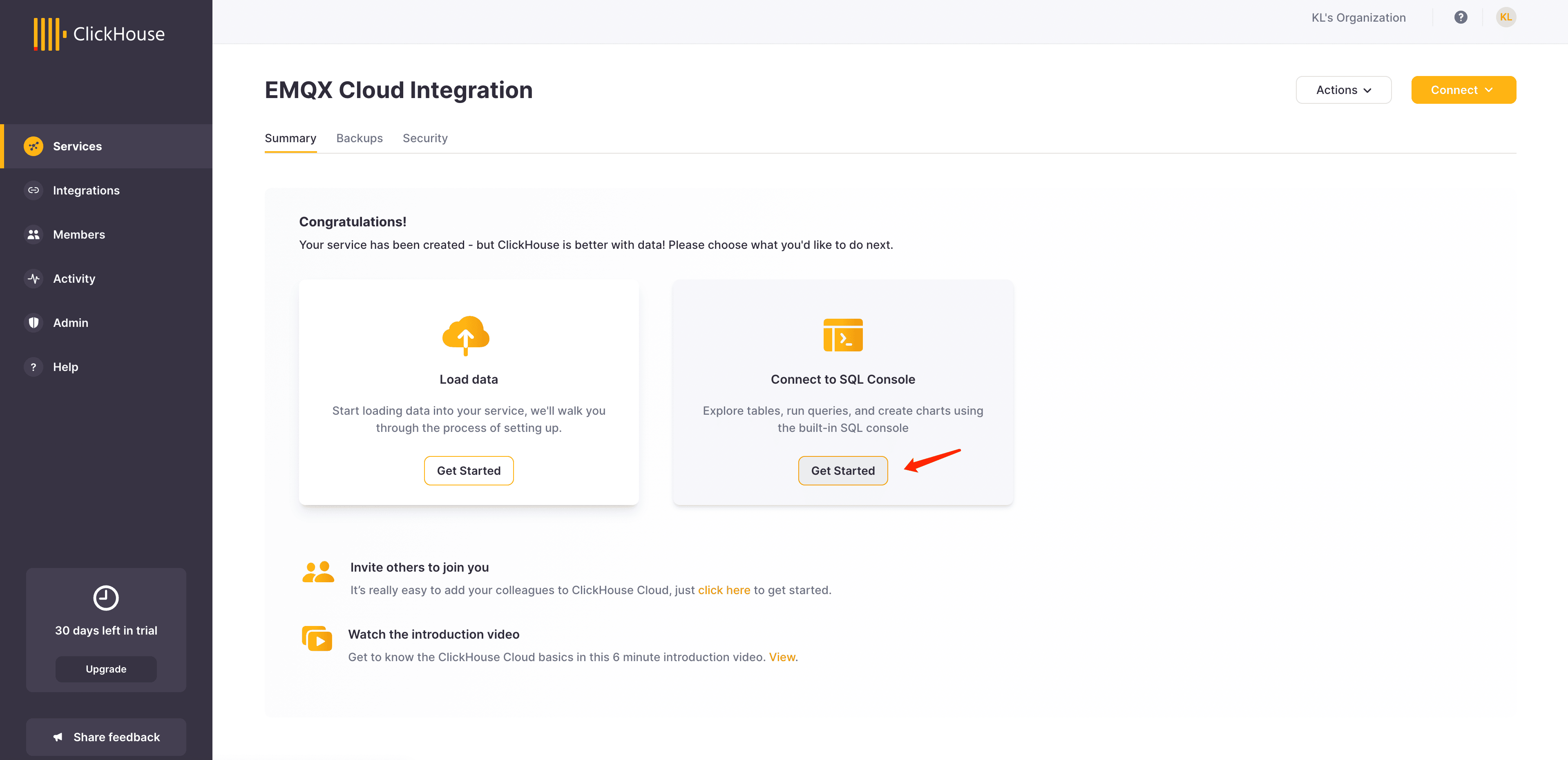 ClickHouse Cloud SQL Console interface