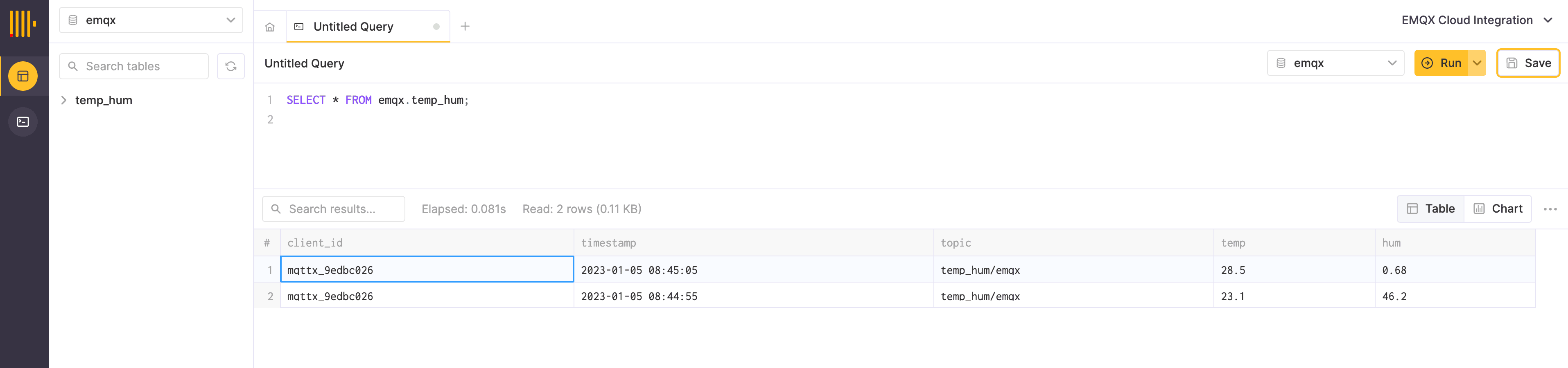 ClickHouse Query Results showing persisted IoT data