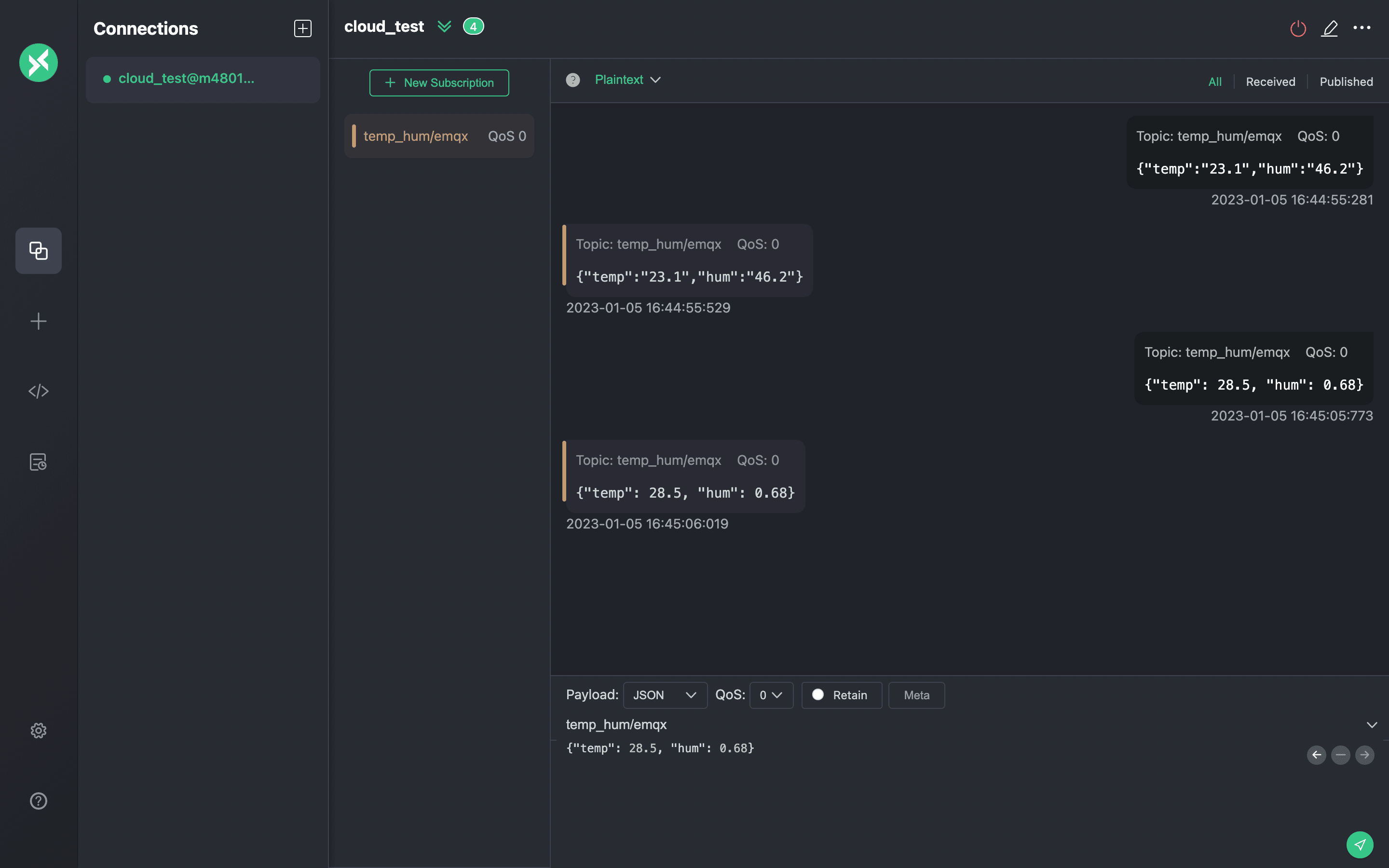 MQTTX Publish MQTT Messages interface showing message composition