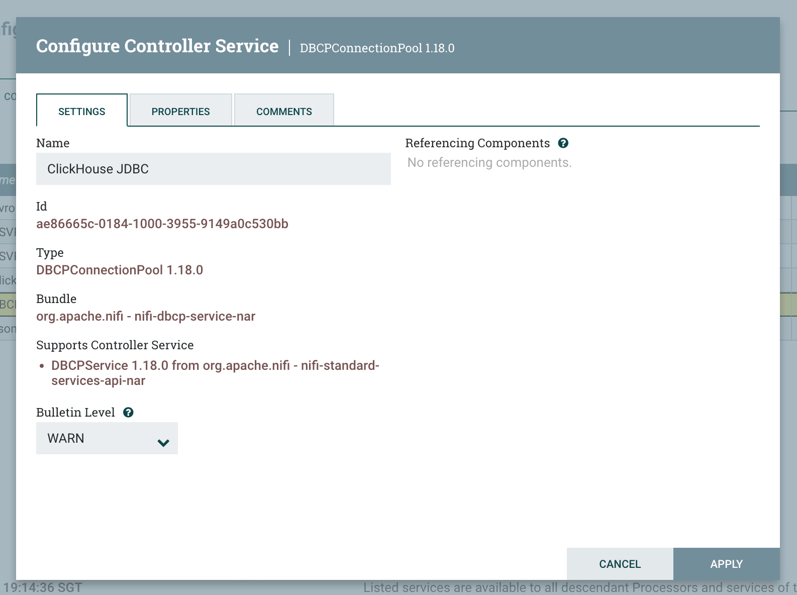 DBCPConnectionPool configuration dialog showing properties filled in