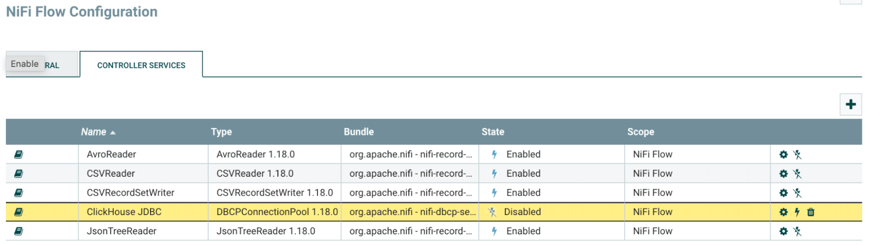 Controller Services list with lightning button highlighted