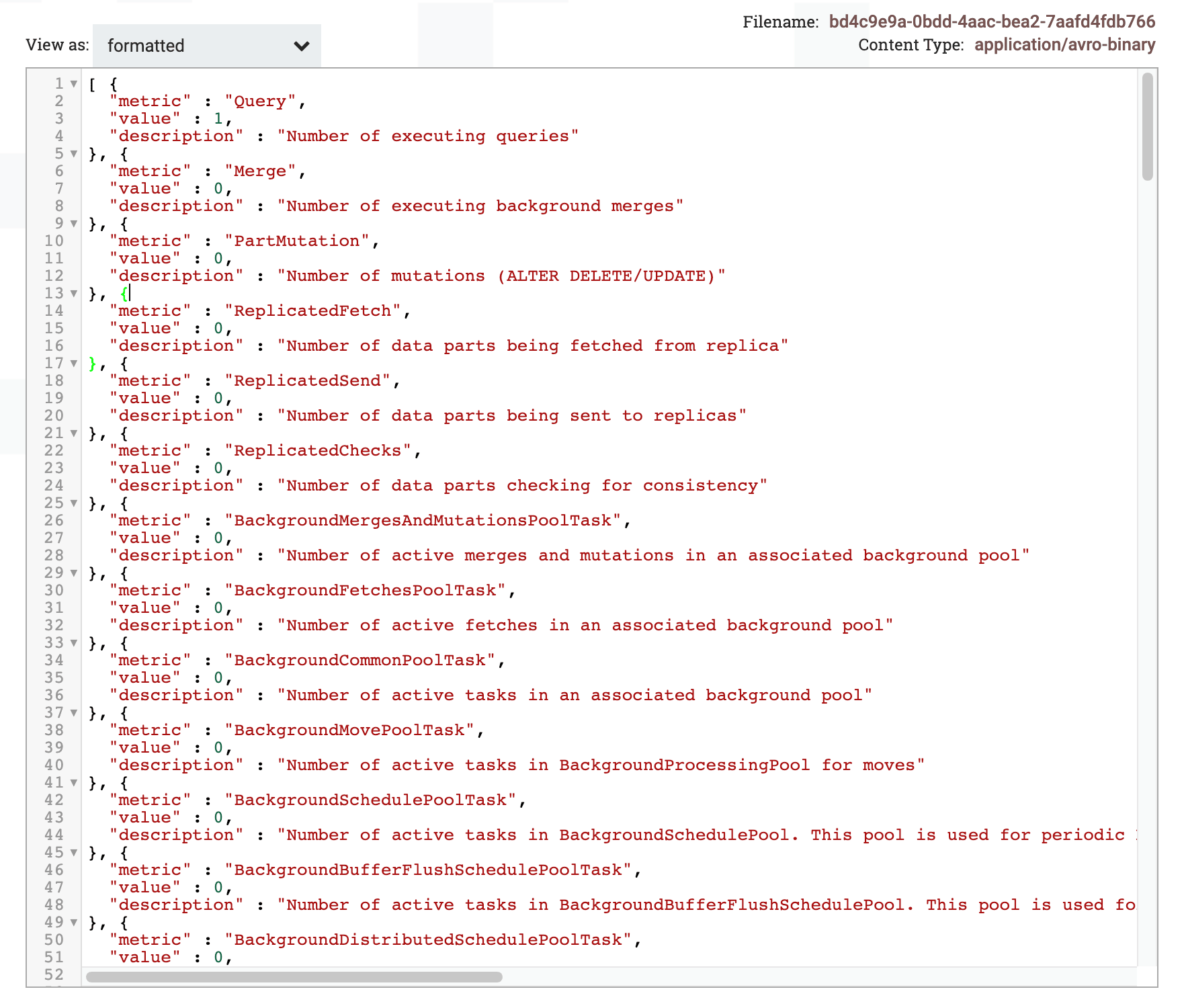 FlowFile content viewer showing query results in formatted view