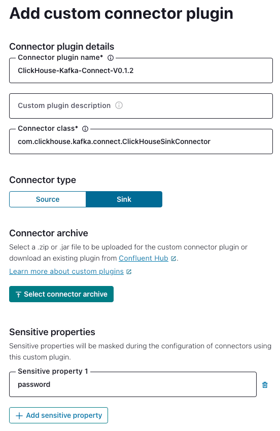 Confluent Platform UI showing settings for adding a custom ClickHouse connector