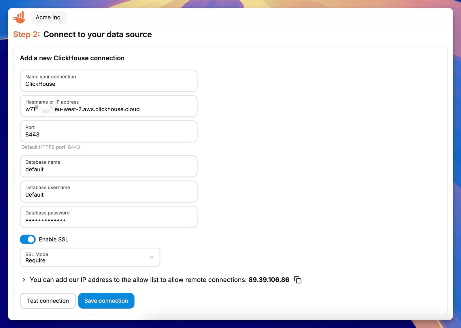 ClickHouse connection settings in Chartbrew