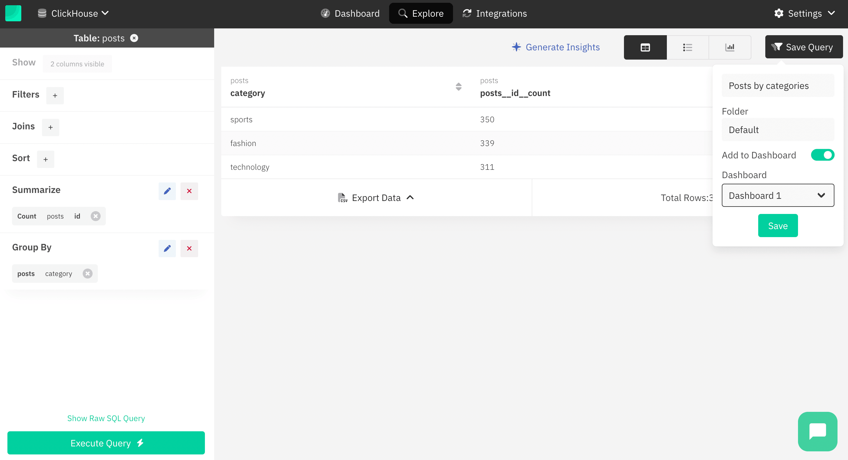 Draxlr save query dialog with dashboard options