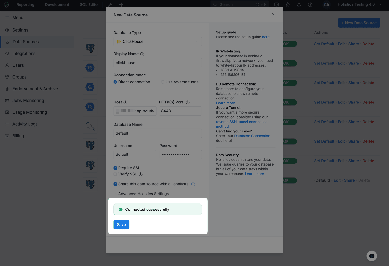Successful ClickHouse connection test in Holistics