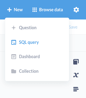 Metabase New menu showing options to create questions, SQL queries, and dashboards