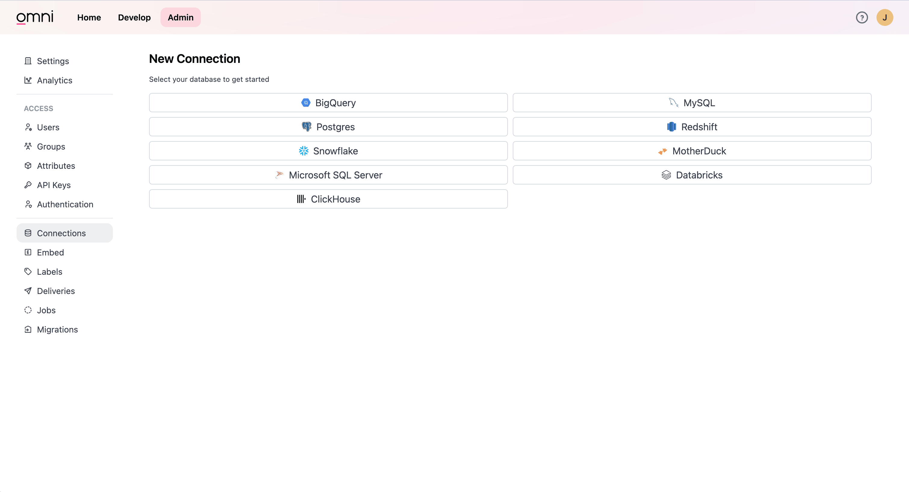 Omni admin interface showing the Add Connection button in the Connections section