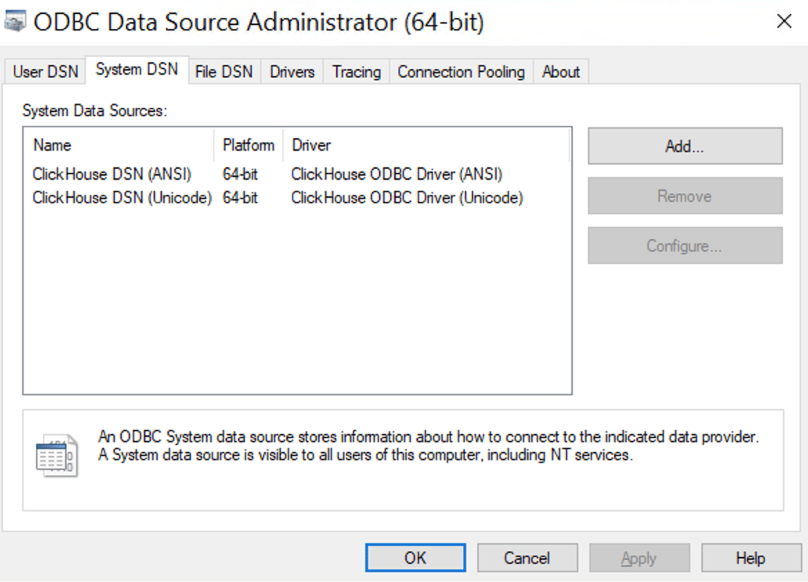 ODBC Data Source Administrator showing ClickHouse drivers in the Drivers tab
