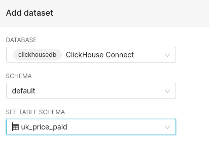 Superset dataset creation dialog showing available tables from ClickHouse database