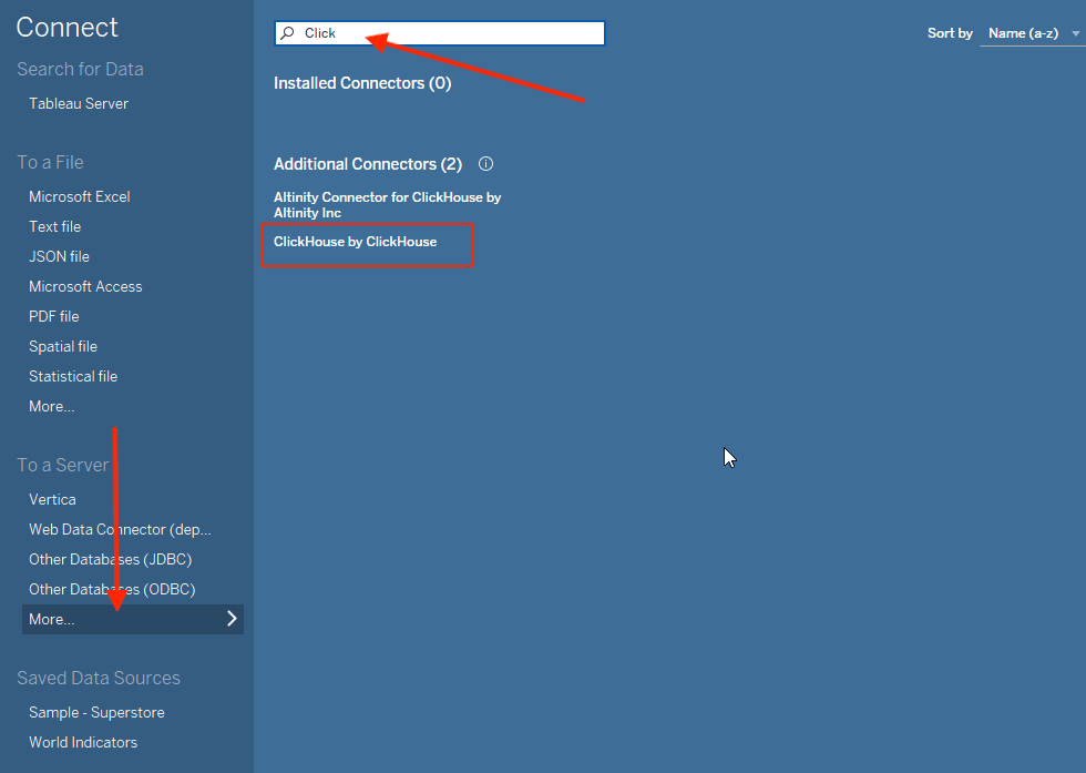 Tableau connection screen showing the connector selection menu with ClickHouse by ClickHouse option highlighted