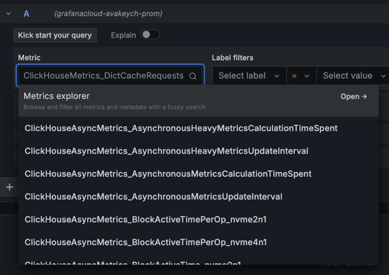 Grafana Metrics Explorer Drop-down