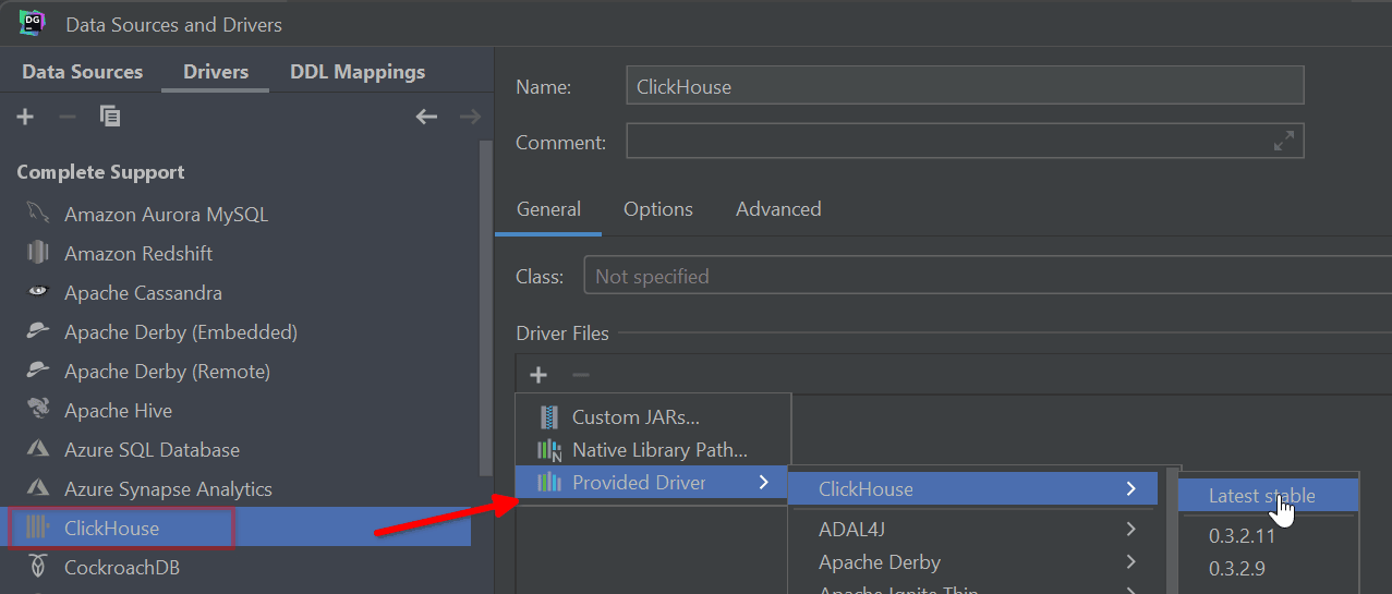 DataGrip Drivers tab showing ClickHouse driver installation
