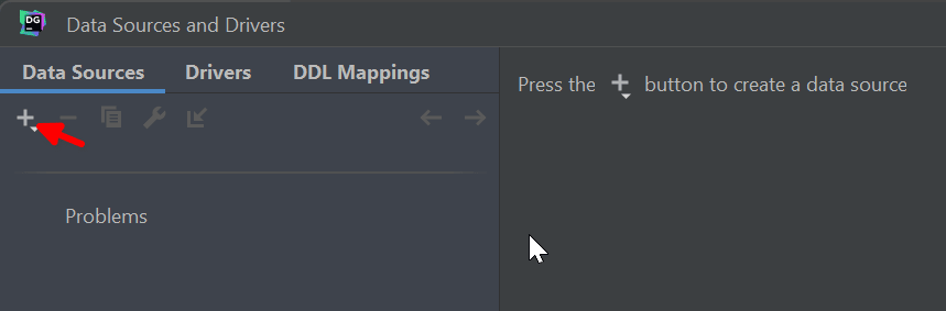 DataGrip Data Sources tab with + icon highlighted