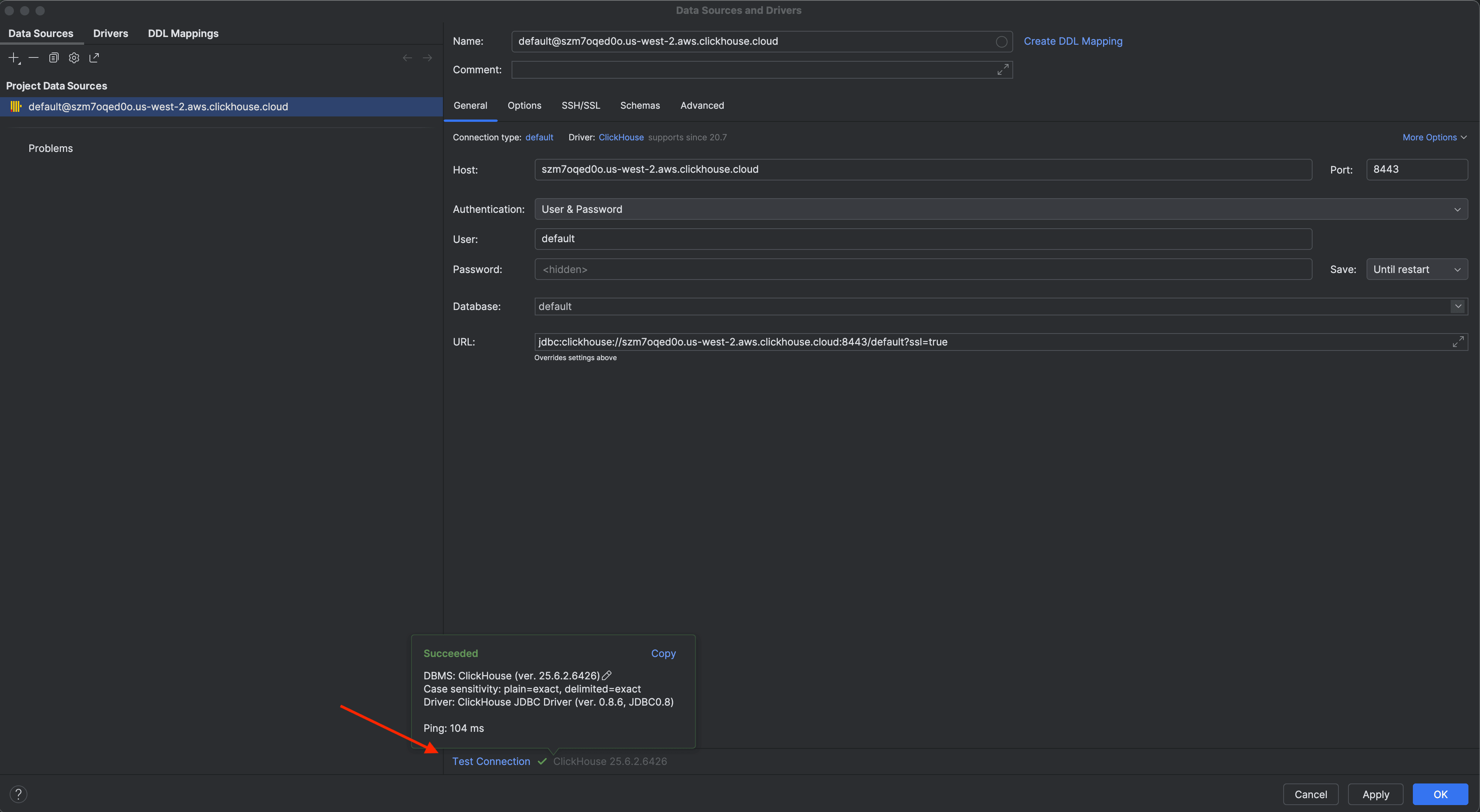 DataGrip connection details form with ClickHouse settings