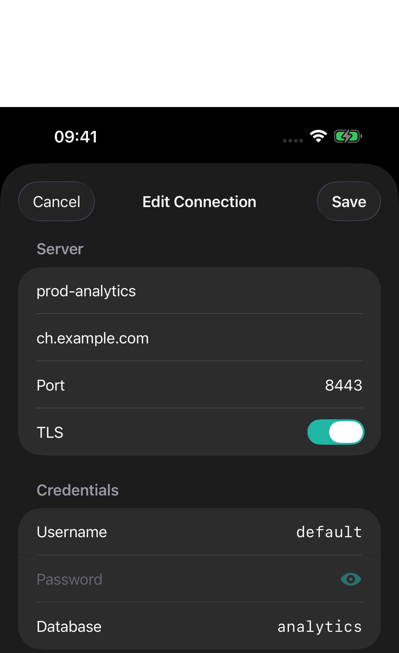 ProbeDeck connection form configured for HTTPS on port 8443 with a ClickHouse username