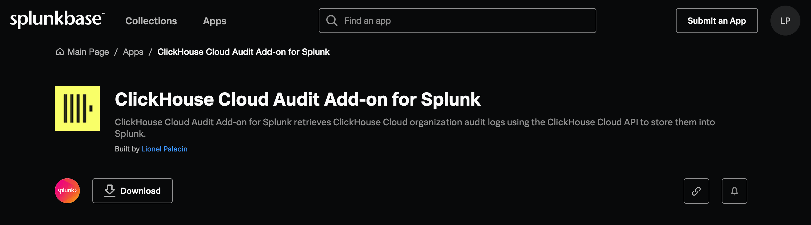 موقع Splunkbase يعرض صفحة تنزيل إضافة ClickHouse Cloud Audit لـ Splunk