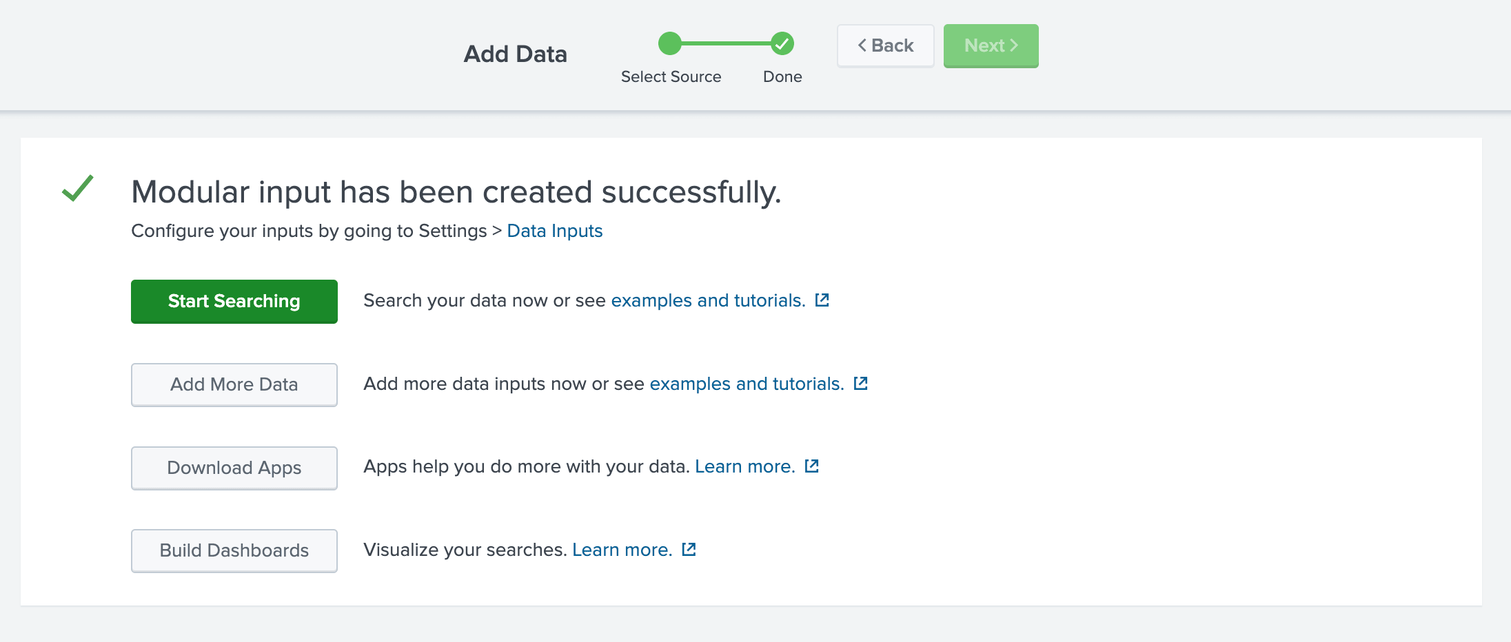 صفحة التكوين في Splunk بعد اكتمال إعدادات إدخال بيانات ClickHouse
