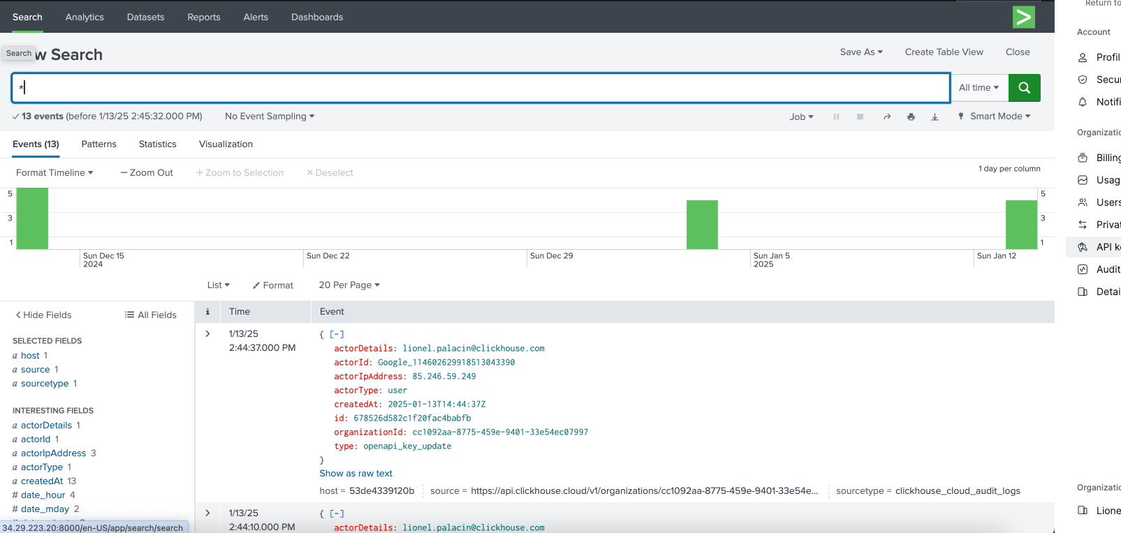واجهة البحث في Splunk تعرض بيانات سجلات تدقيق ClickHouse