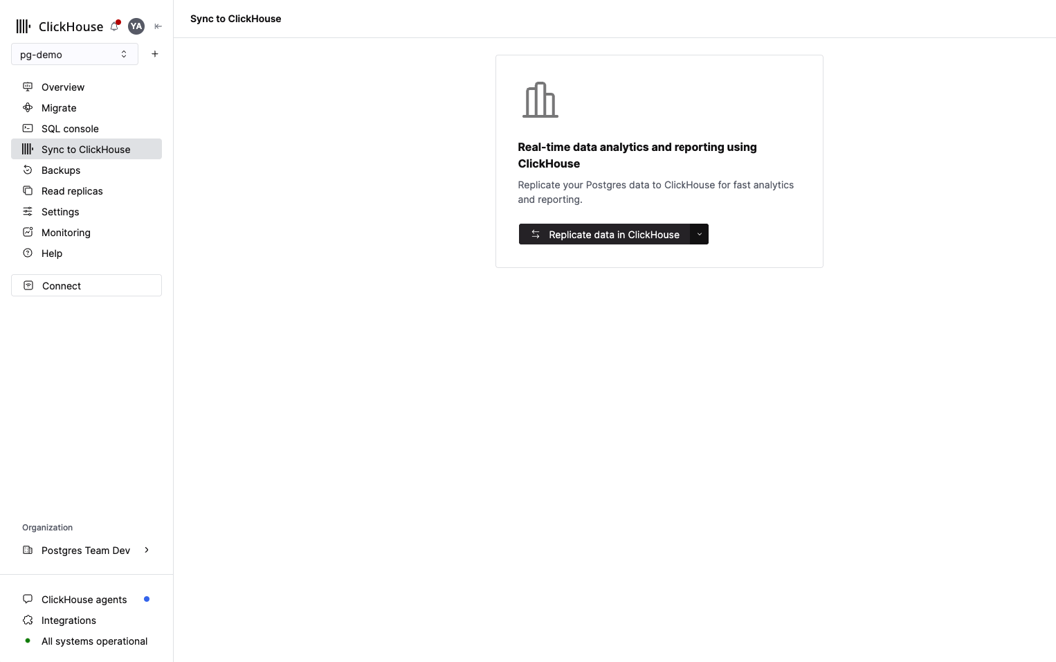 ClickHouse integration landing page showing the integration option in the sidebar