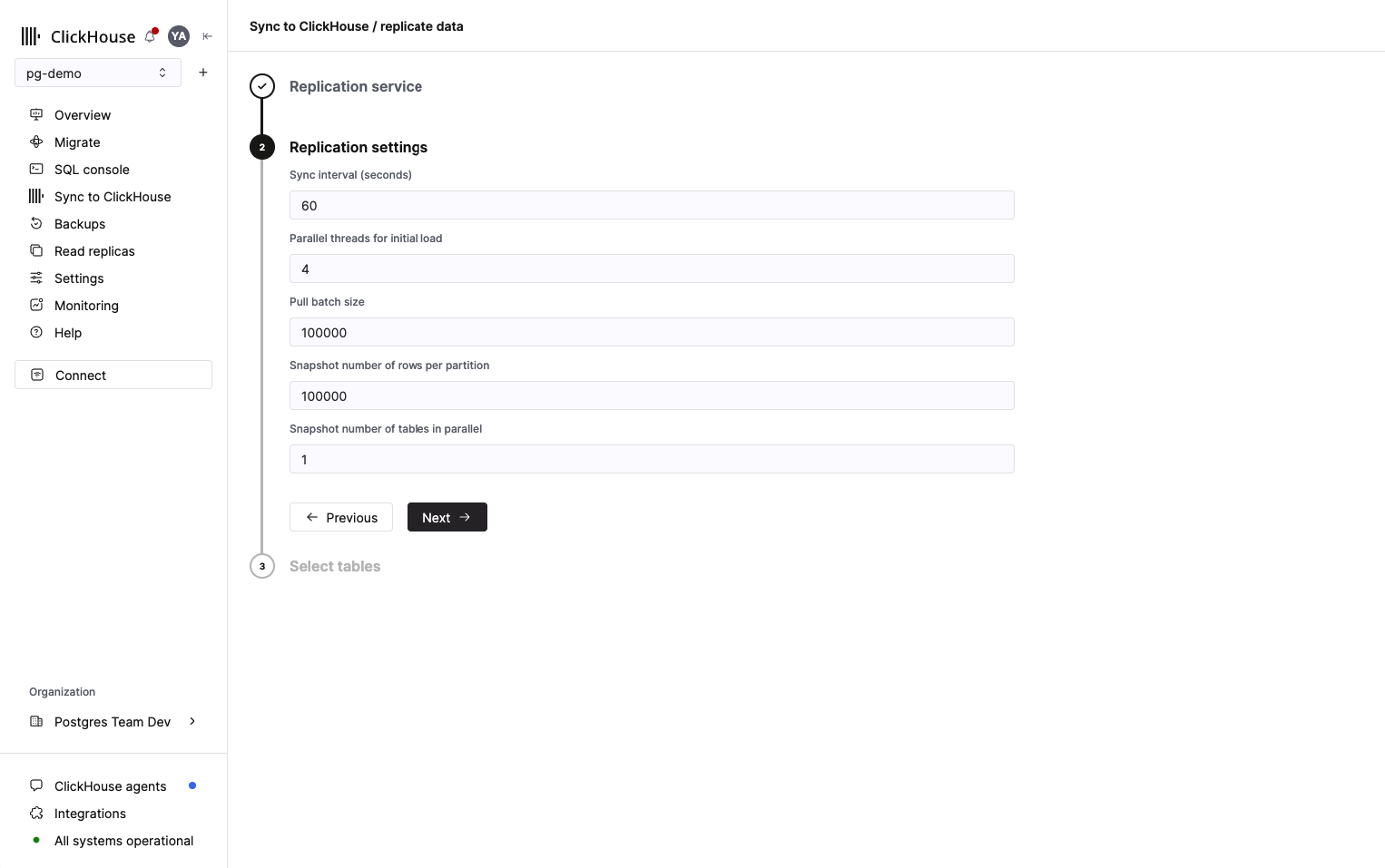 Replication settings step showing sync interval, parallel threads, pull batch size, and snapshot configuration options