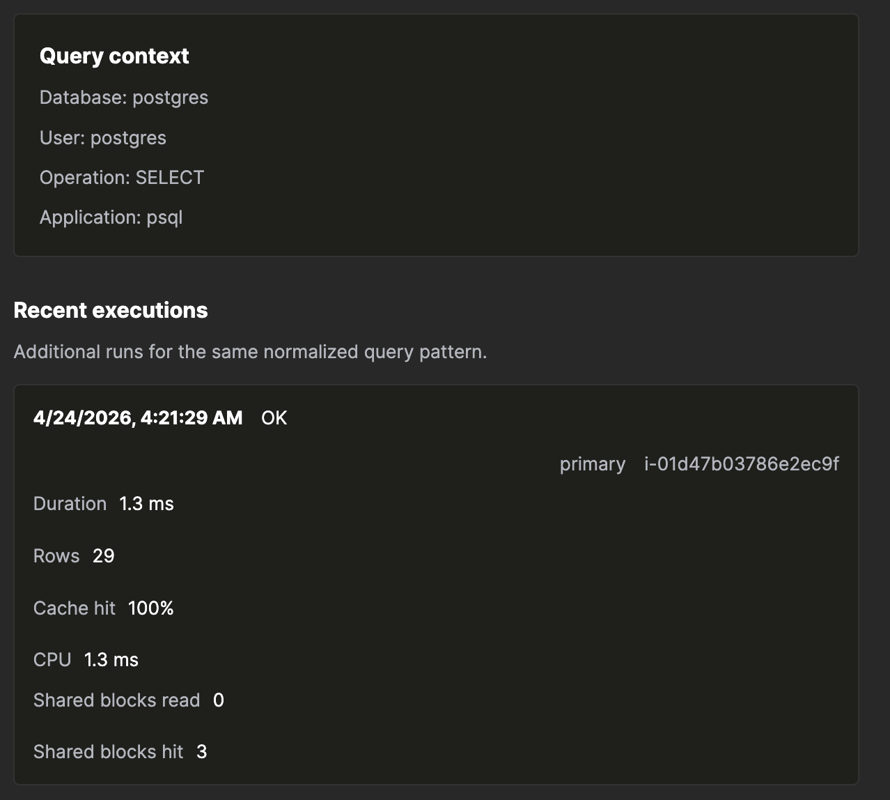 Query detail flyout continued, showing the Query context section with database, user, operation, and application, and a Recent executions card with timestamp, OK status, server role, host id, and per-execution counters for duration, rows, cache hit, CPU, shared blocks read, and shared blocks hit