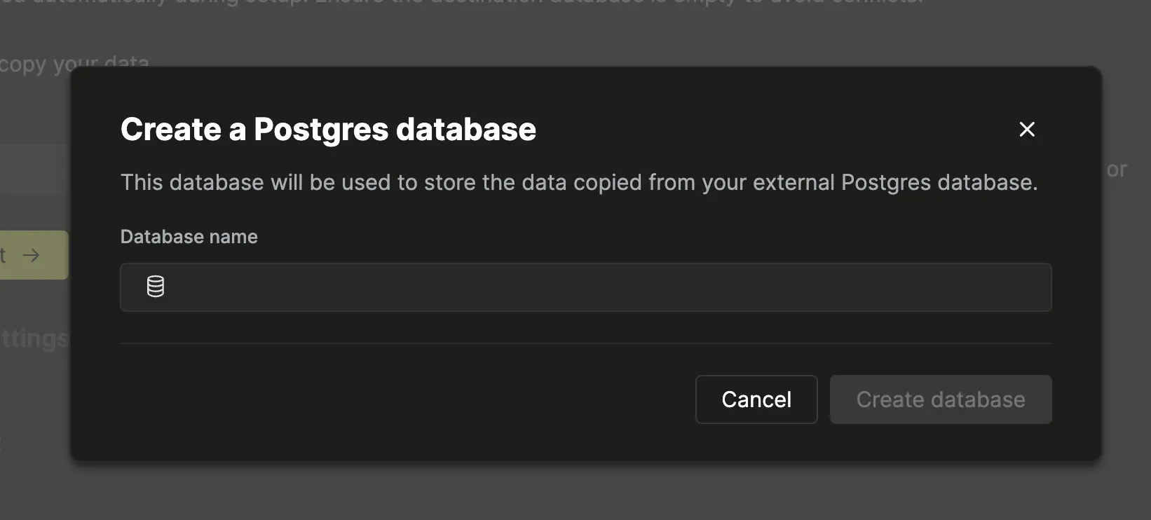 Create a new Postgres database dialog