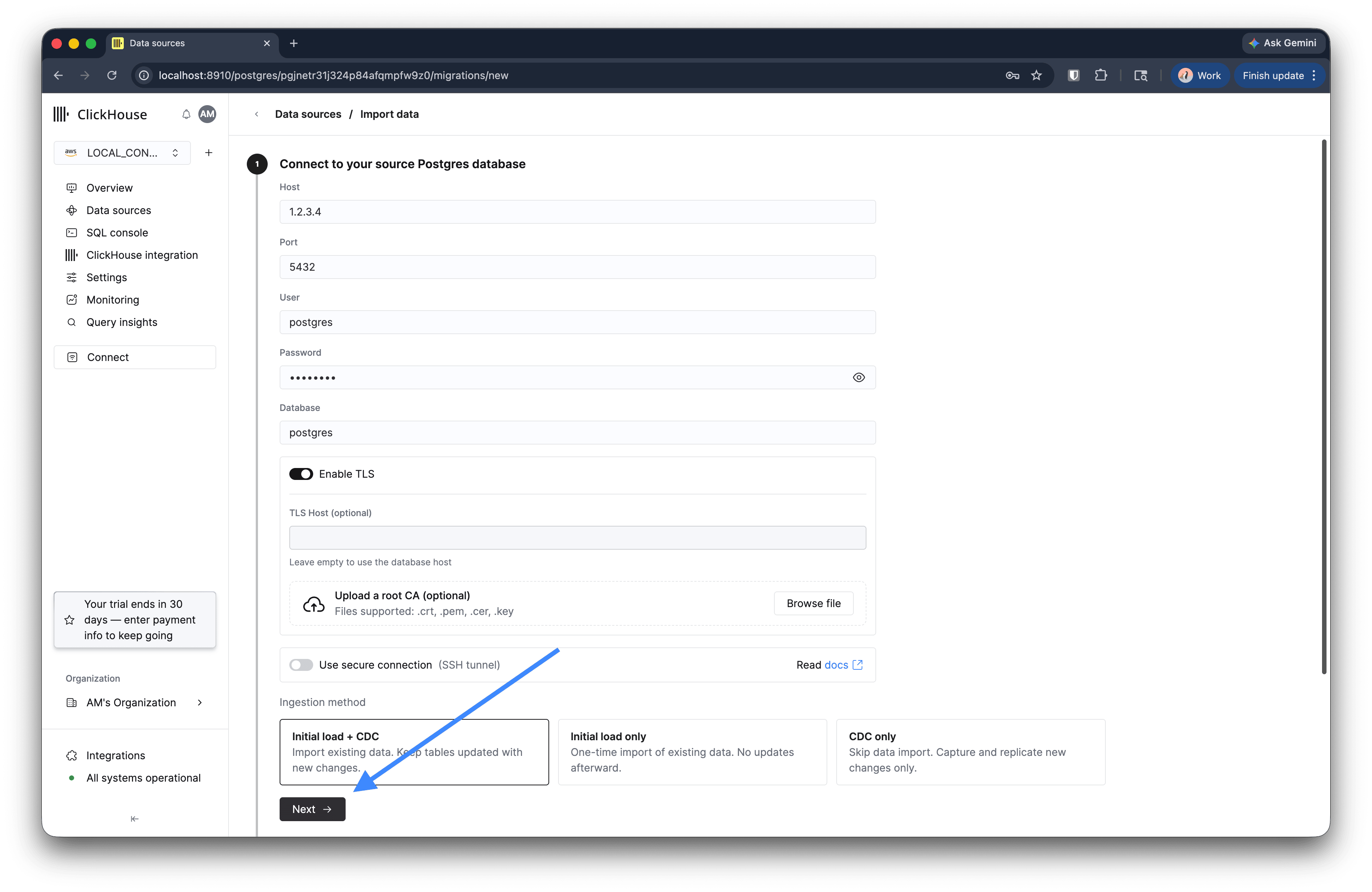 Step 1: source database connection form with ingestion method options