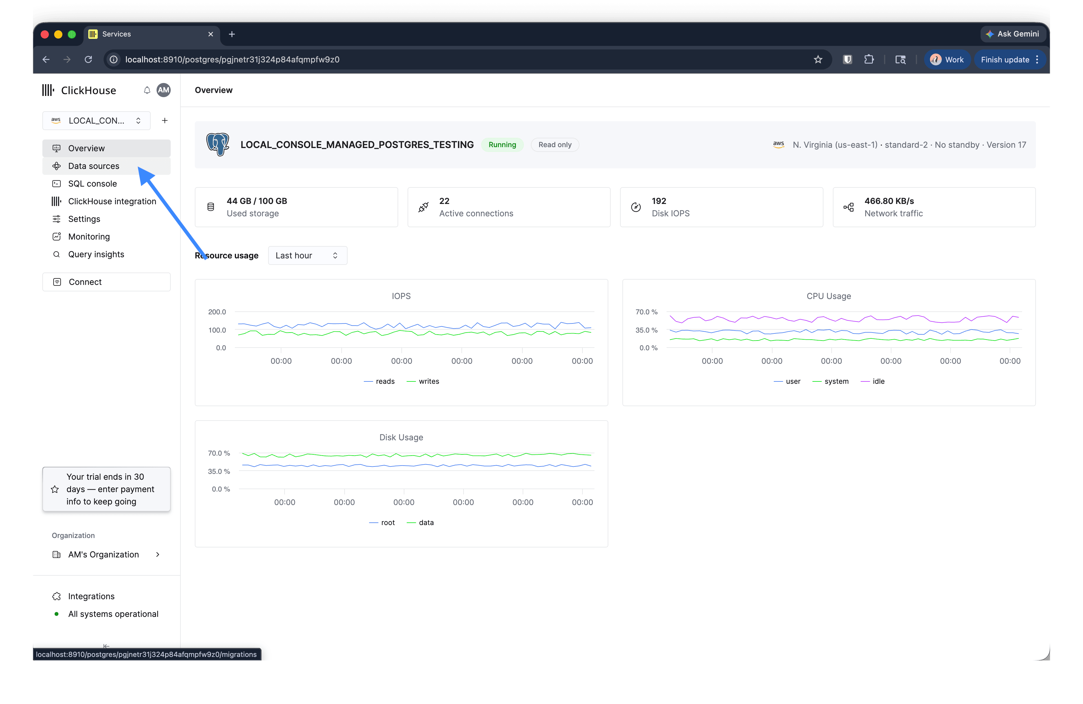 Data sources entry in the Managed Postgres service sidebar