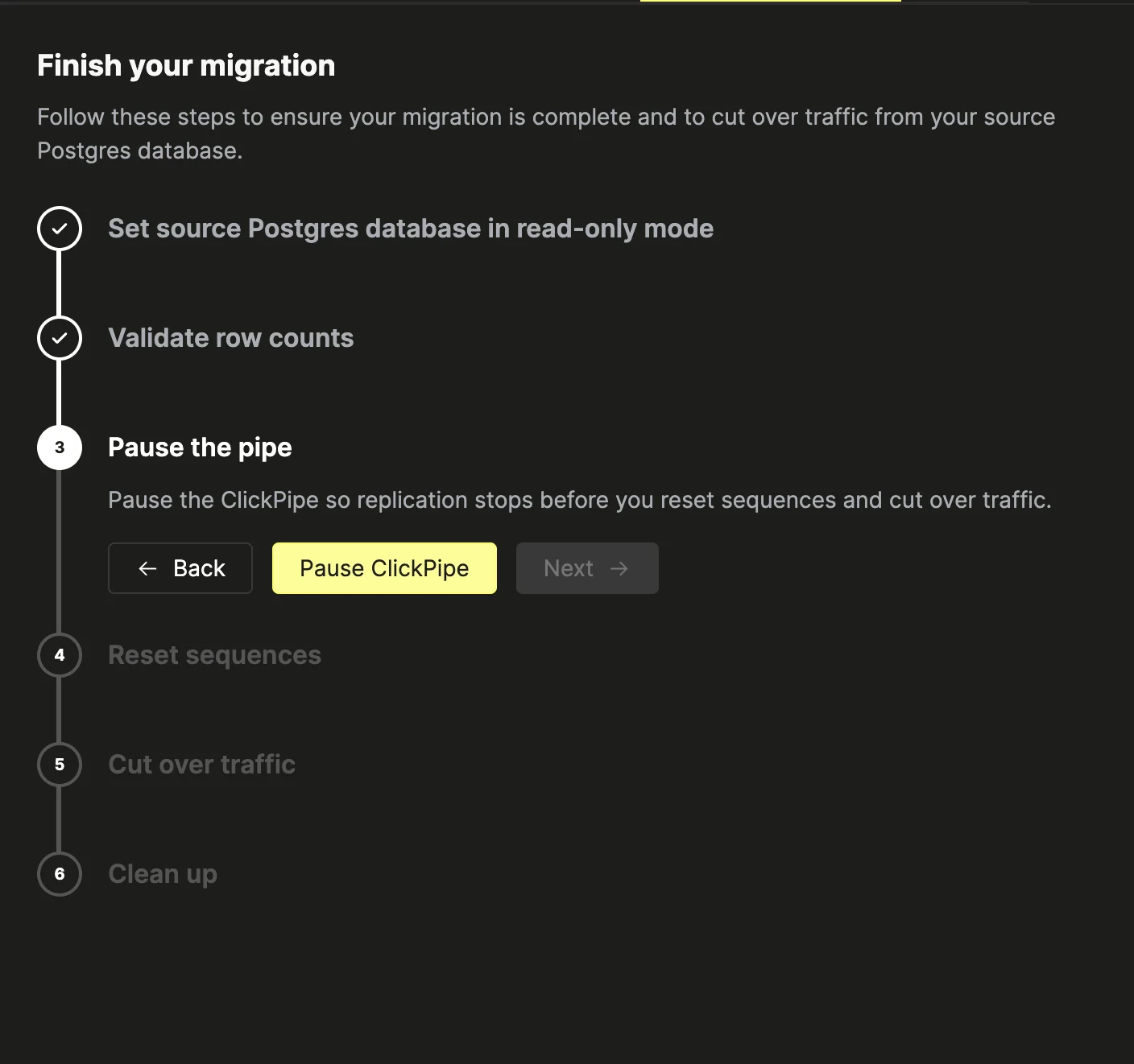 Post-migration step 3: pause the ClickPipe to stop replication