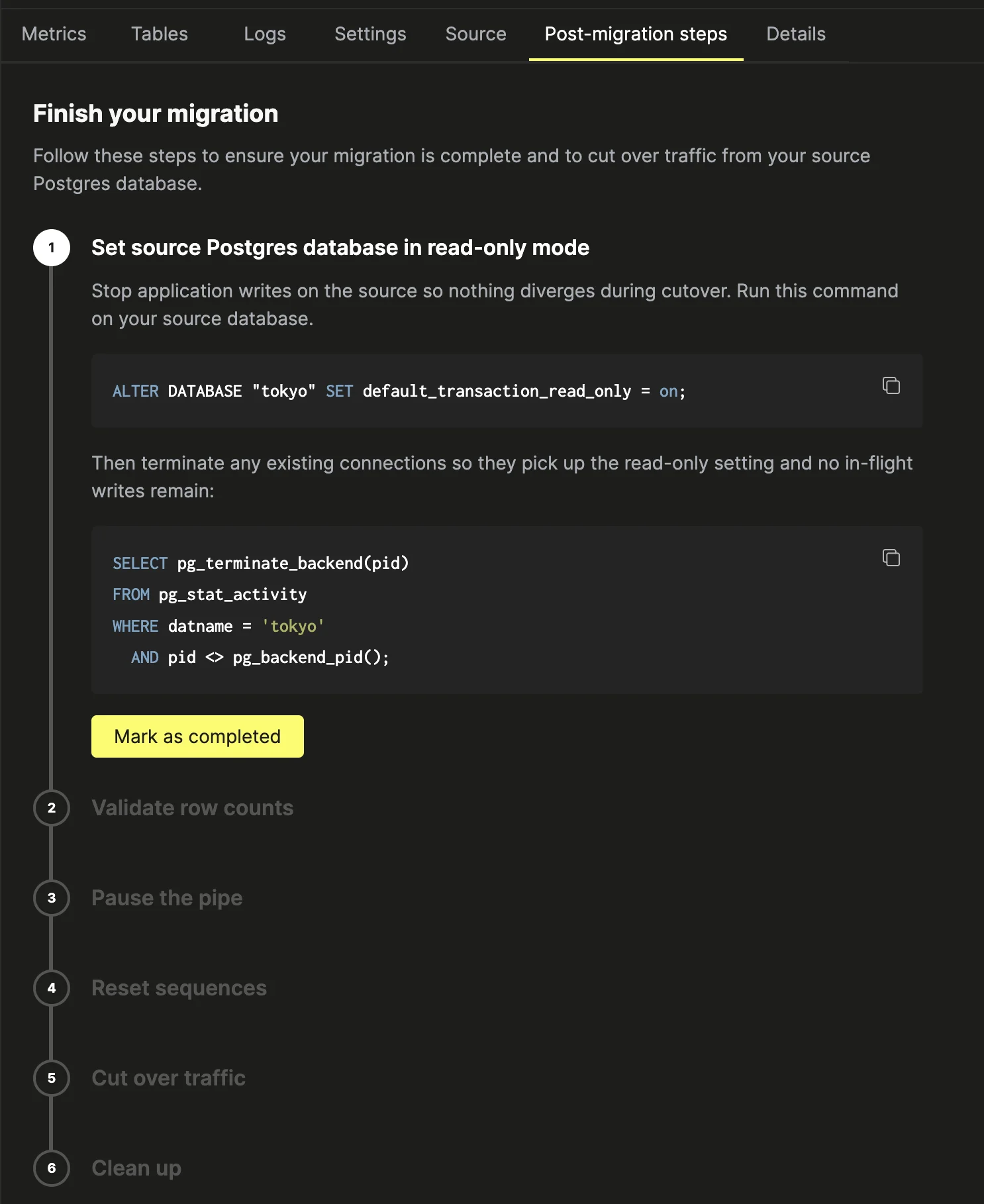 Post-migration step 1: set the source database in read-only mode