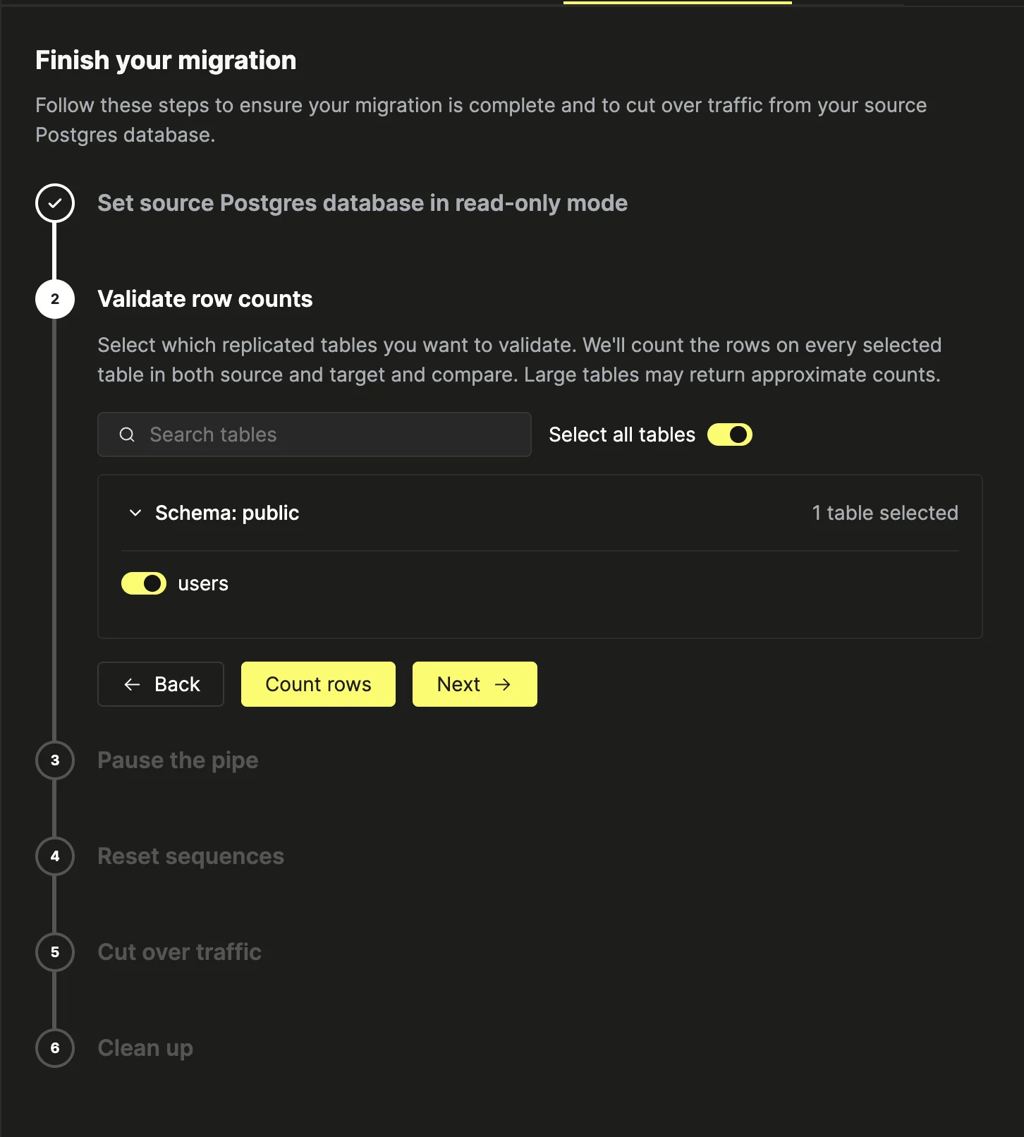 Post-migration step 2: select tables and validate row counts between source and target