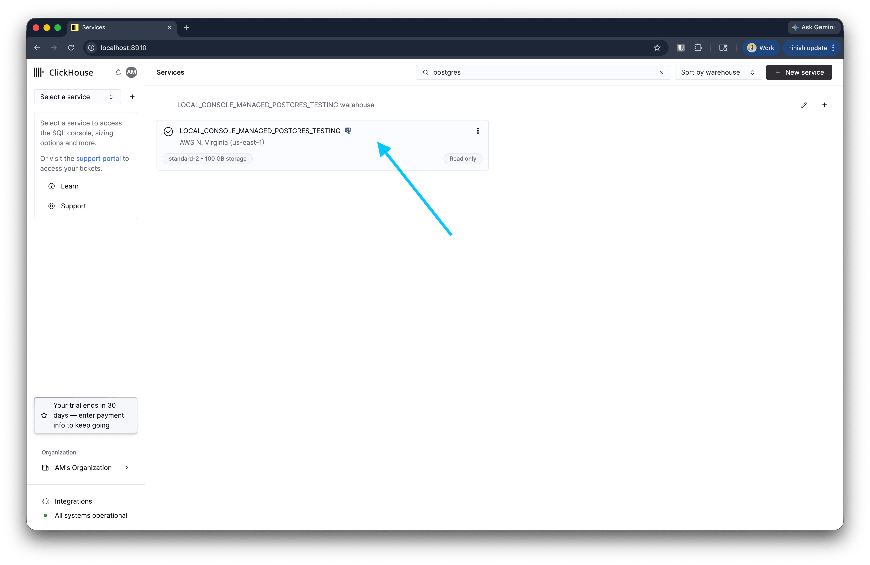 Managed Postgres service card in the ClickHouse Cloud services list
