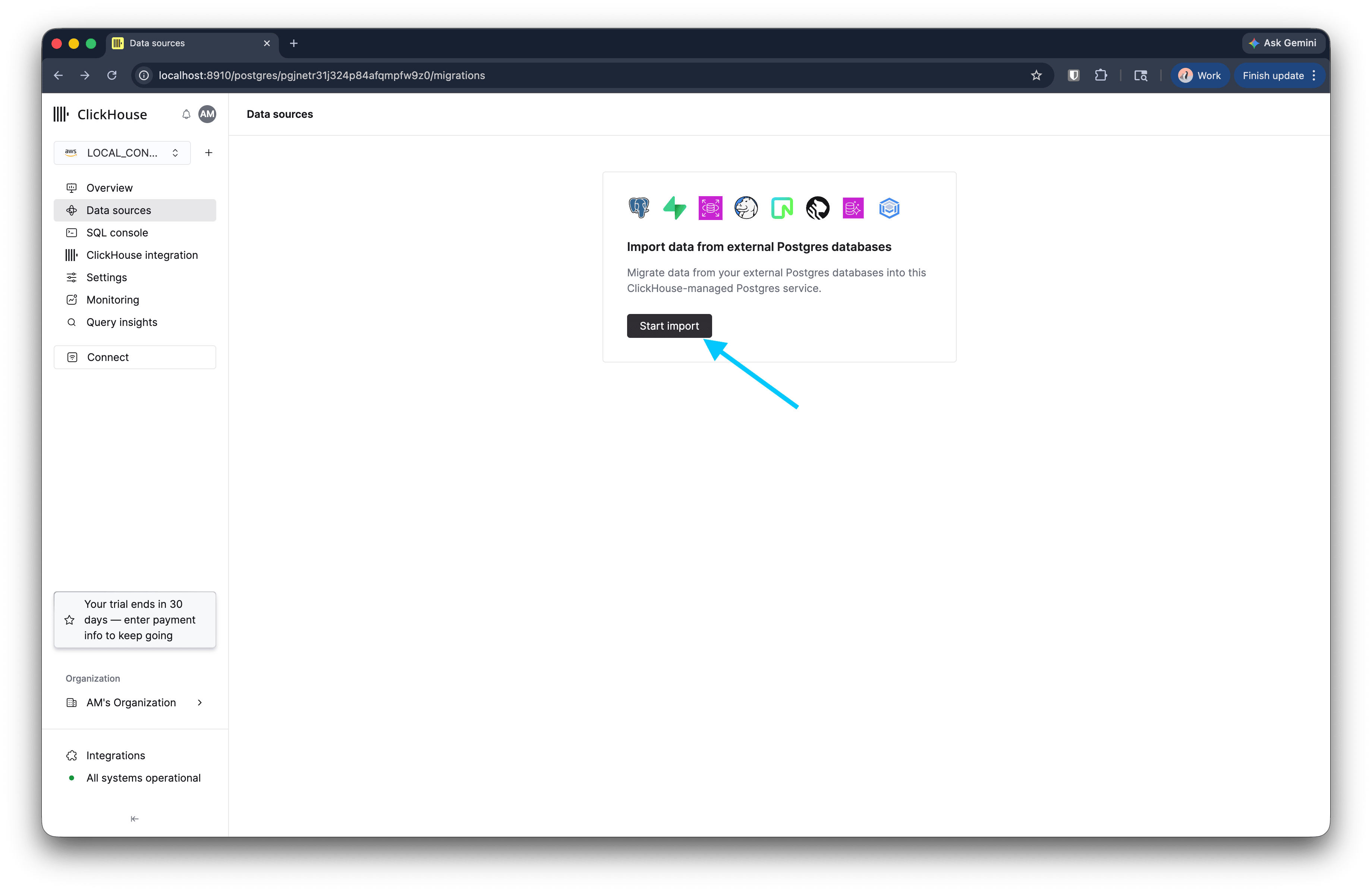 Data sources page with Start import button