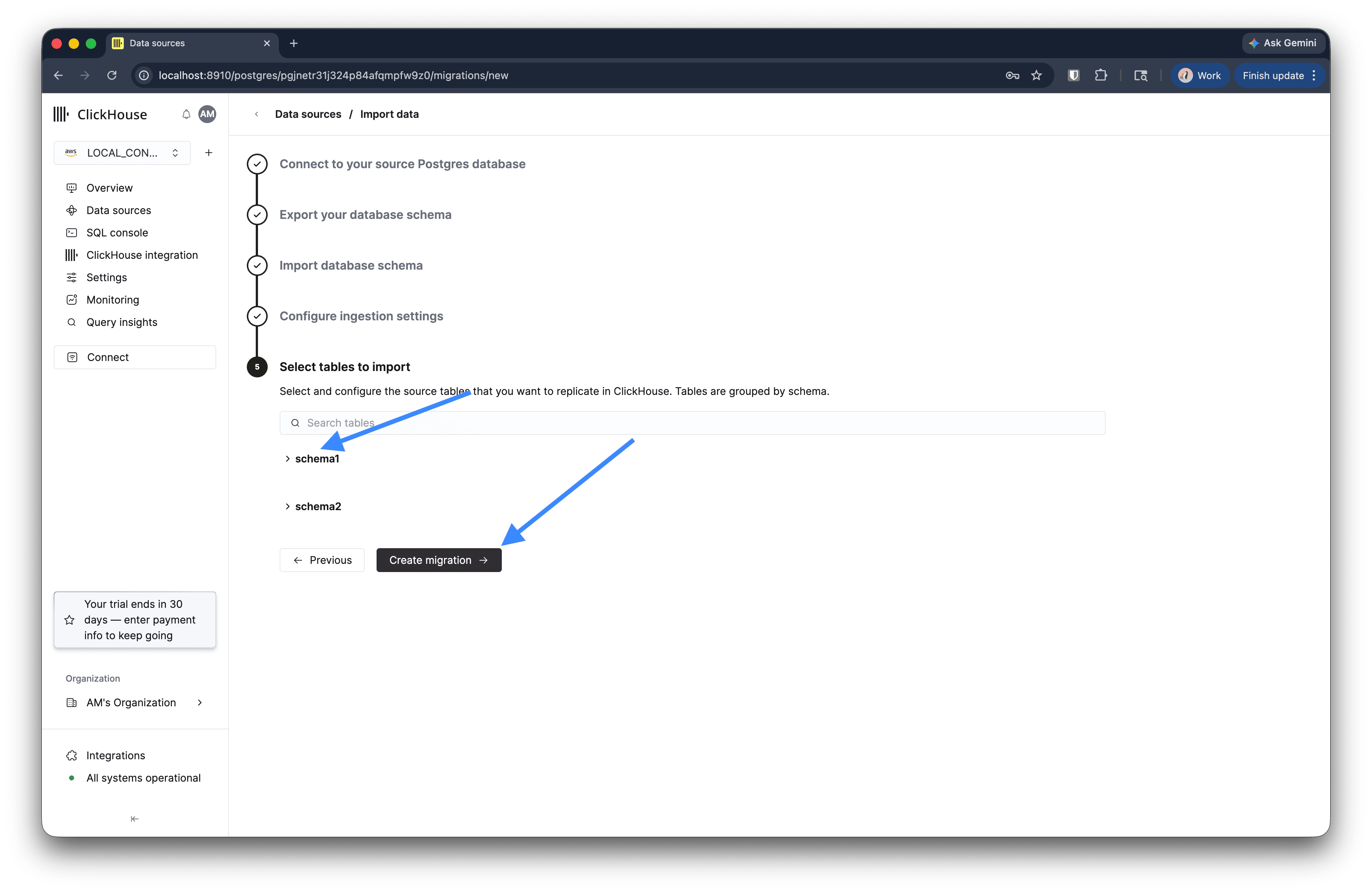 Step 5: table picker grouped by schema with Create migration button