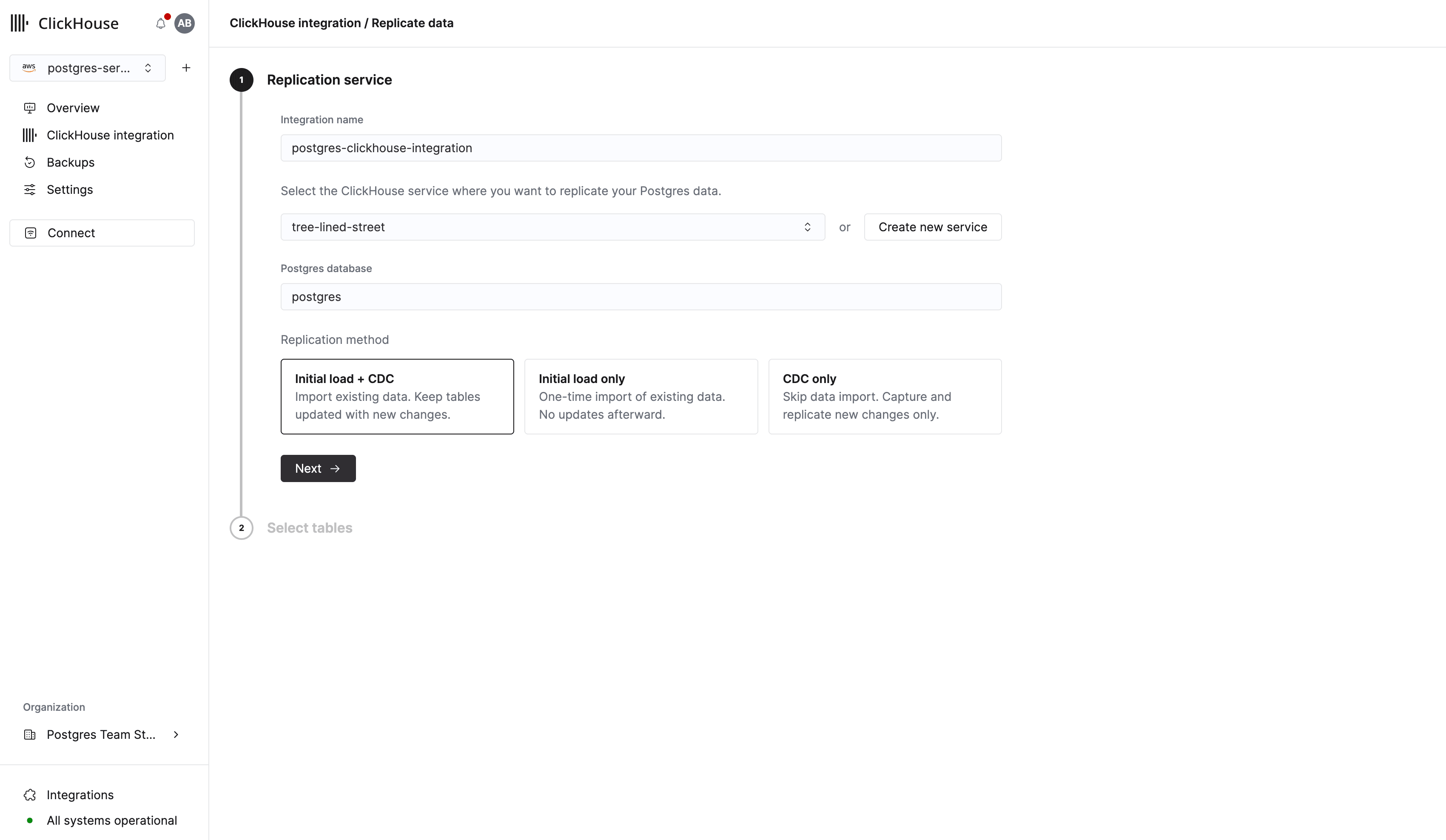 ClickHouse Managed Postgres integration form