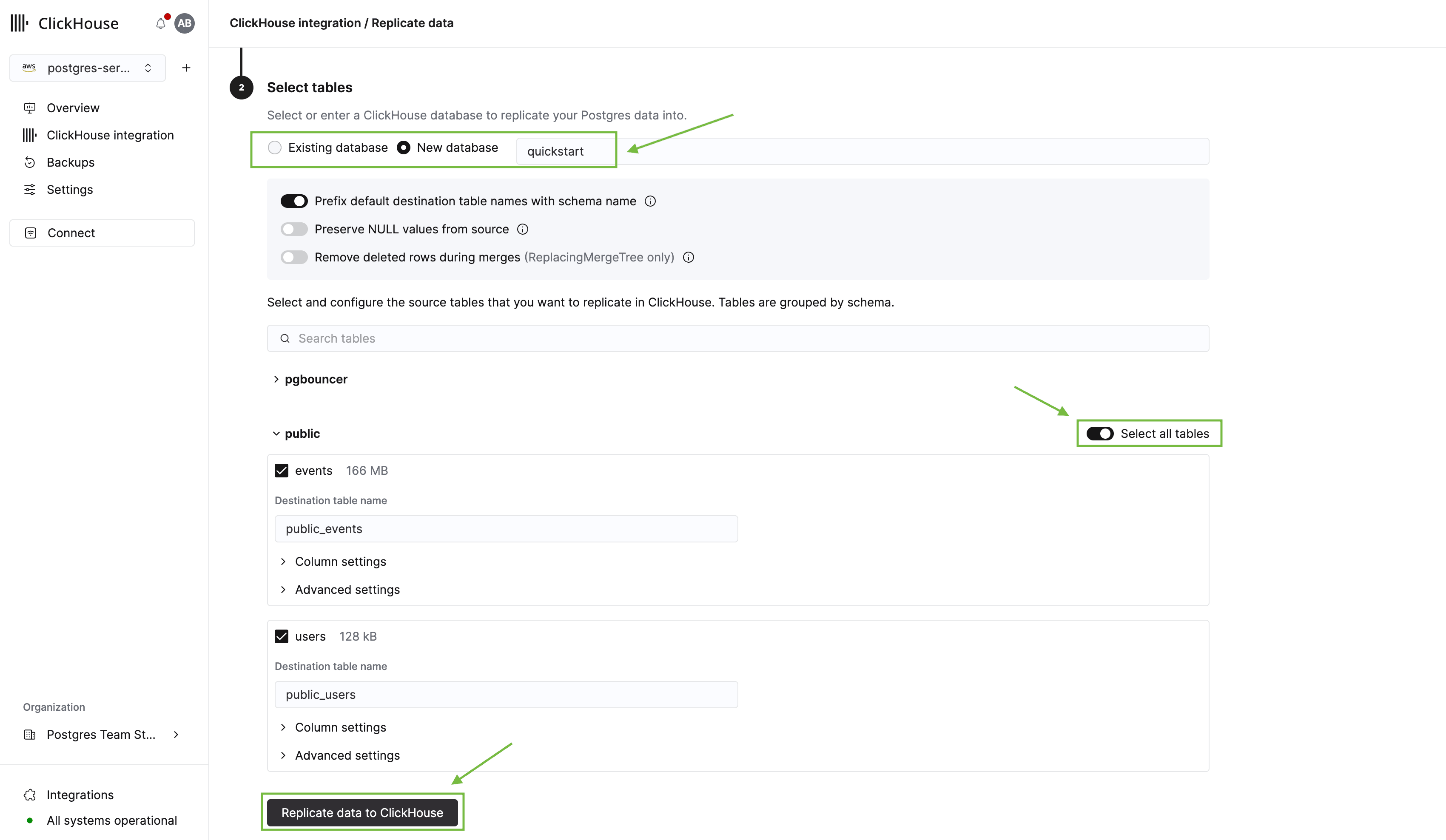 ClickHouse Managed Postgres table picker