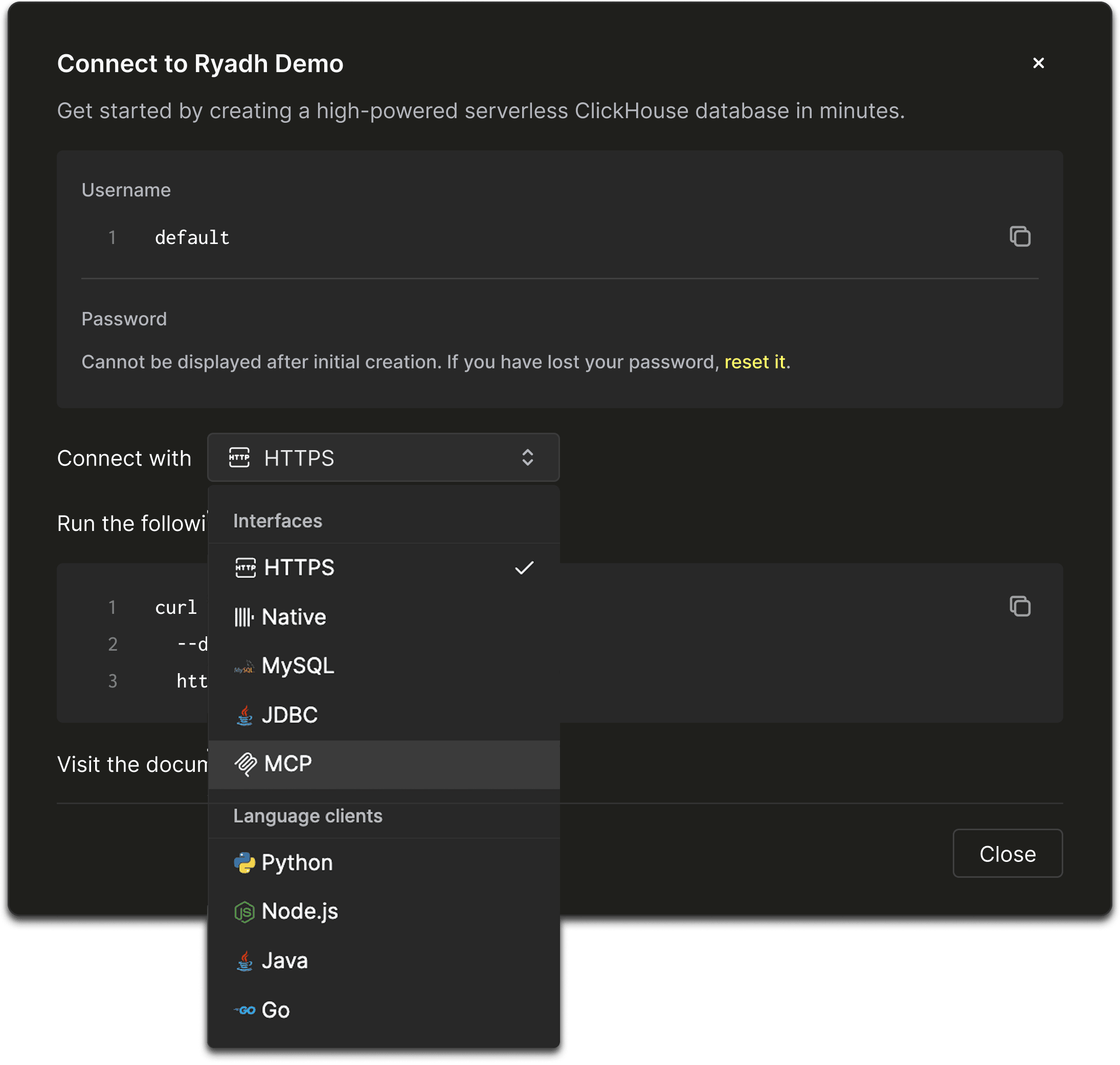 Select MCP in the Connect Modal