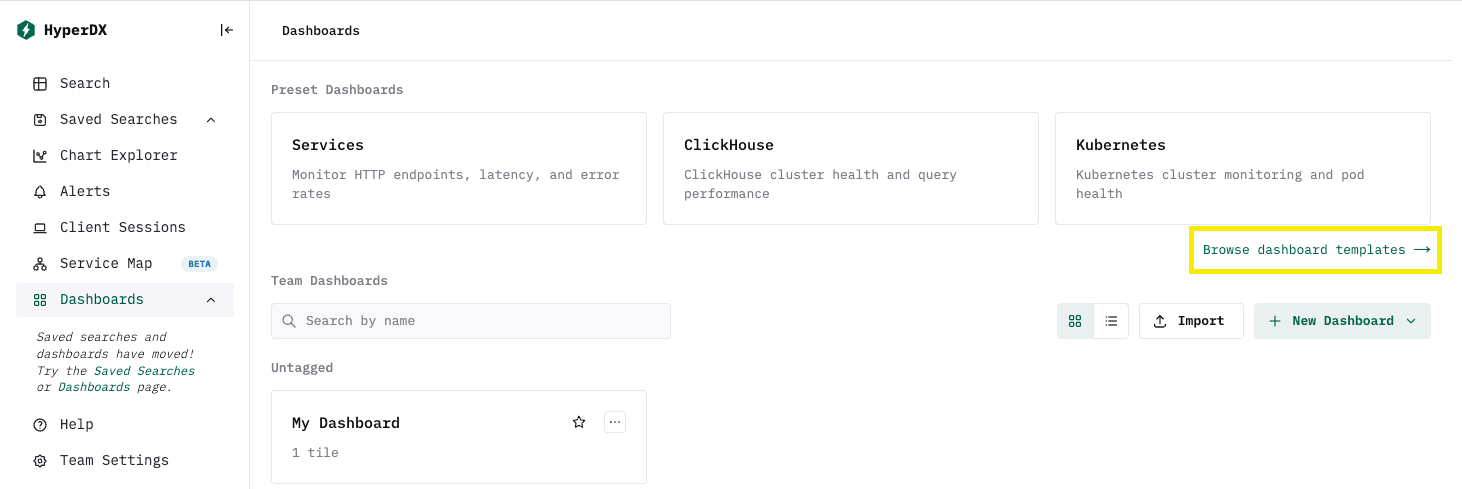 Browse Dashboard Templates Button