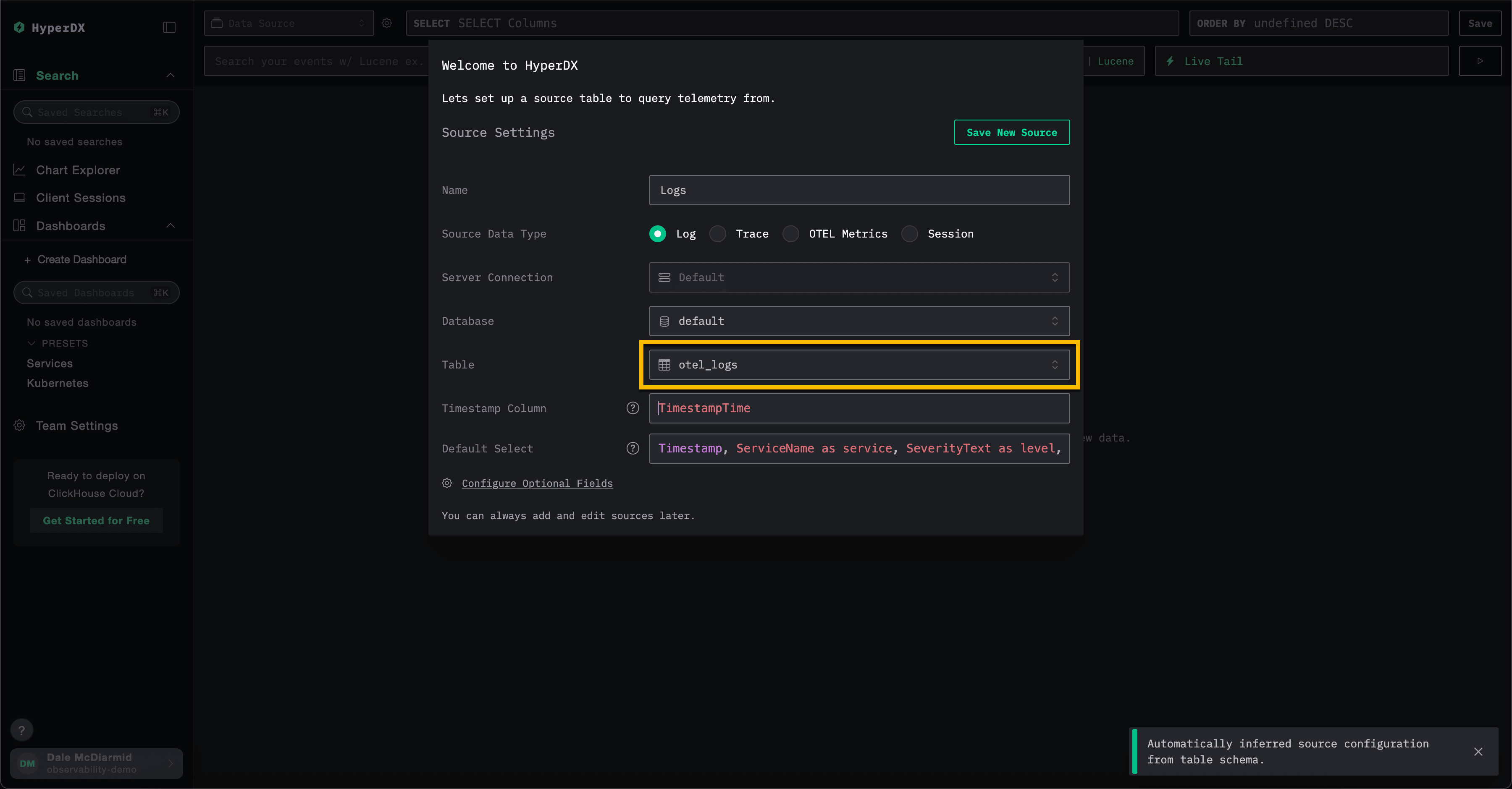 ClickHouse Cloud HyperDX Datasource